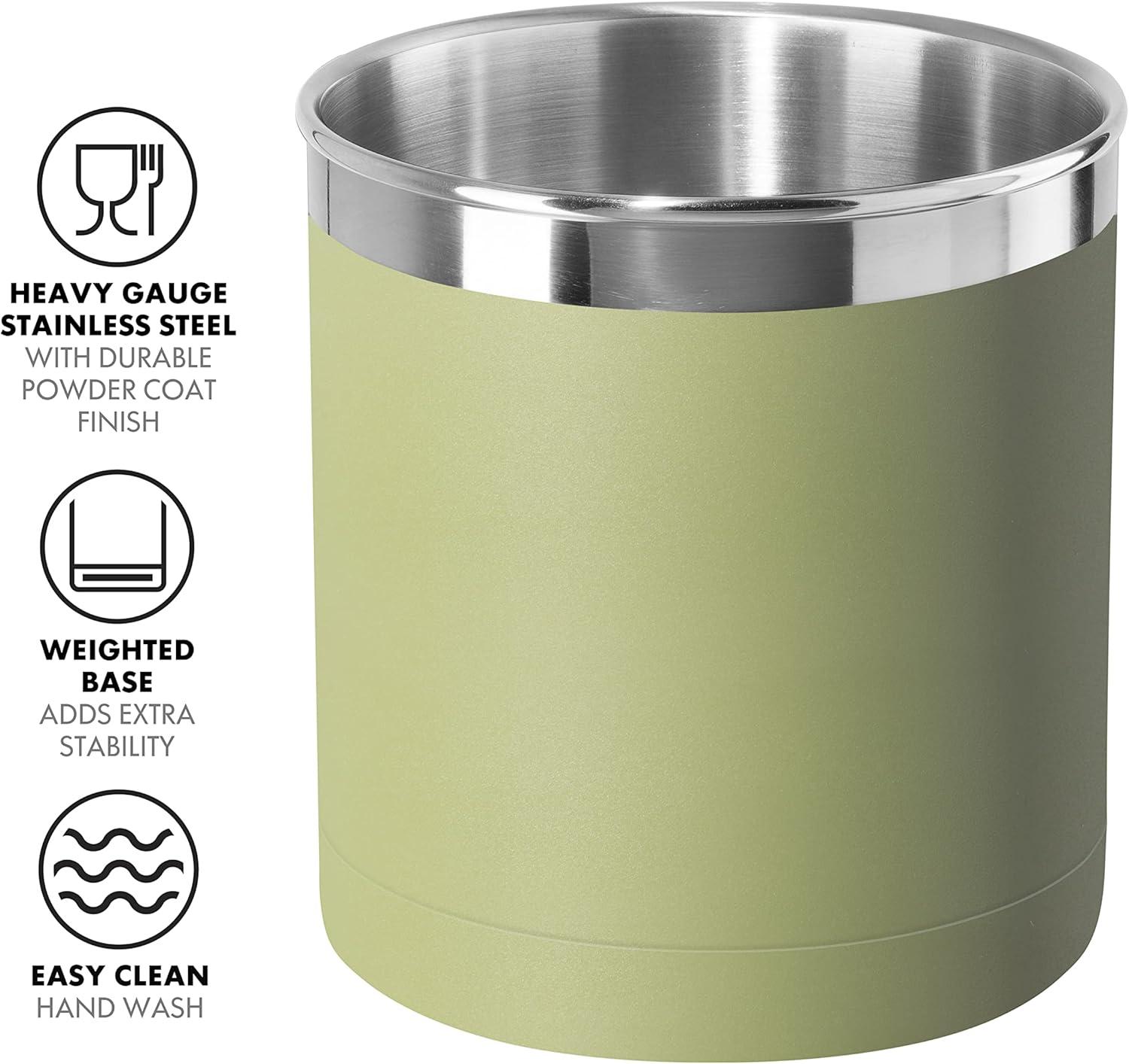 imageOggi Stainless Steel Jumbo Utensil Holder  7quot Utensil Caddy Weighted Base for Stability  Extra Large Utensil Crock and Countertop Utensil Organizer Stainless SteelOlive  7