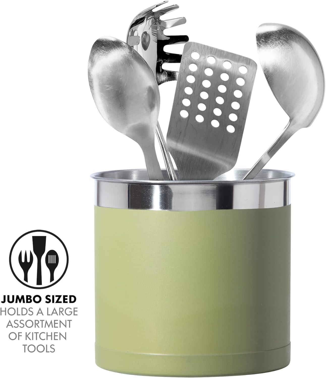 imageOggi Stainless Steel Jumbo Utensil Holder  7quot Utensil Caddy Weighted Base for Stability  Extra Large Utensil Crock and Countertop Utensil Organizer Stainless SteelOlive  7