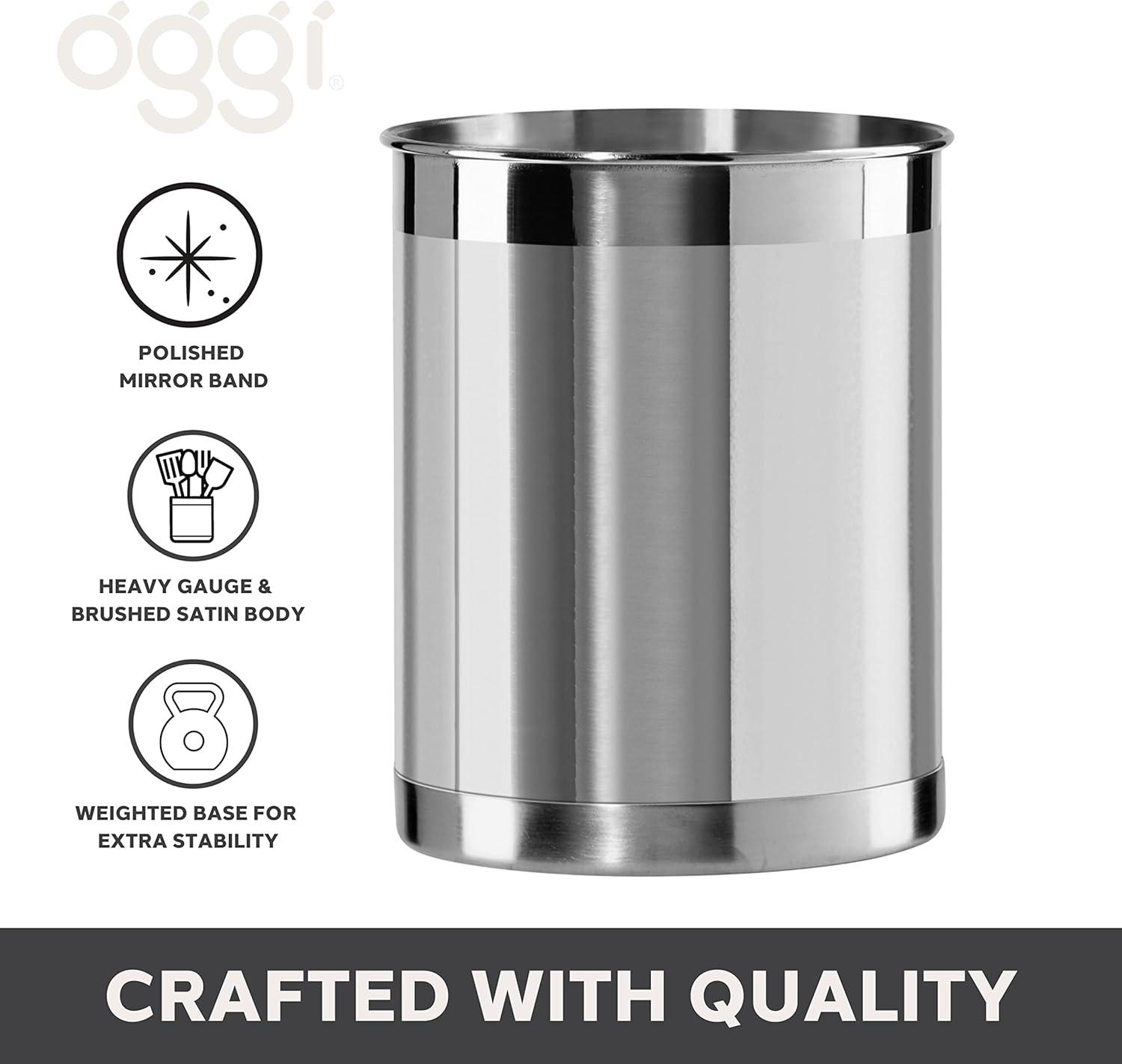 imageOggi Stainless Steel Jumbo Utensil Holder  7quot Utensil Caddy Weighted Base for Stability  Extra Large Utensil Crock and Countertop Utensil Organizer Stainless SteelStainless Steel  5