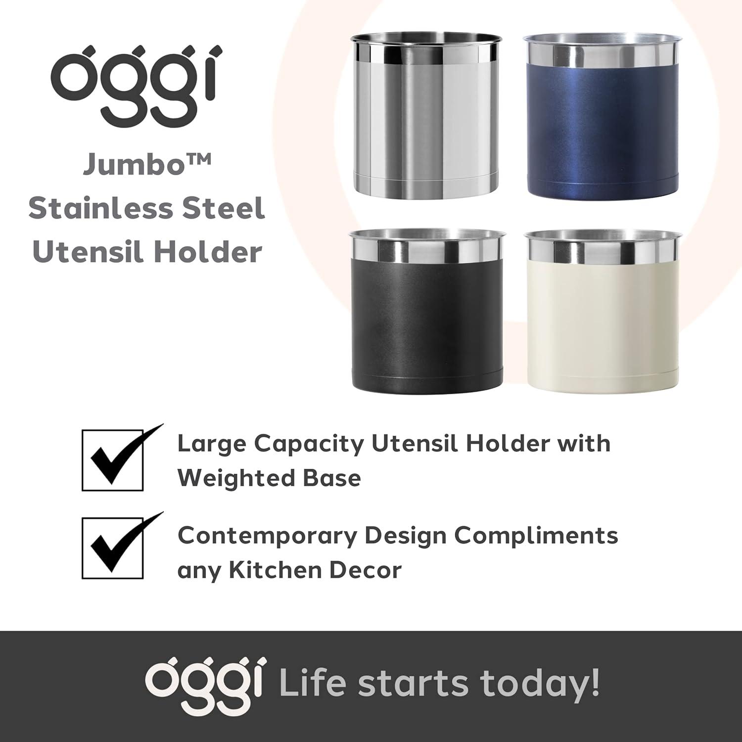 imageOggi Stainless Steel Jumbo Utensil Holder  7quot Utensil Caddy Weighted Base for Stability  Extra Large Utensil Crock and Countertop Utensil Organizer Stainless SteelBrick Red  7