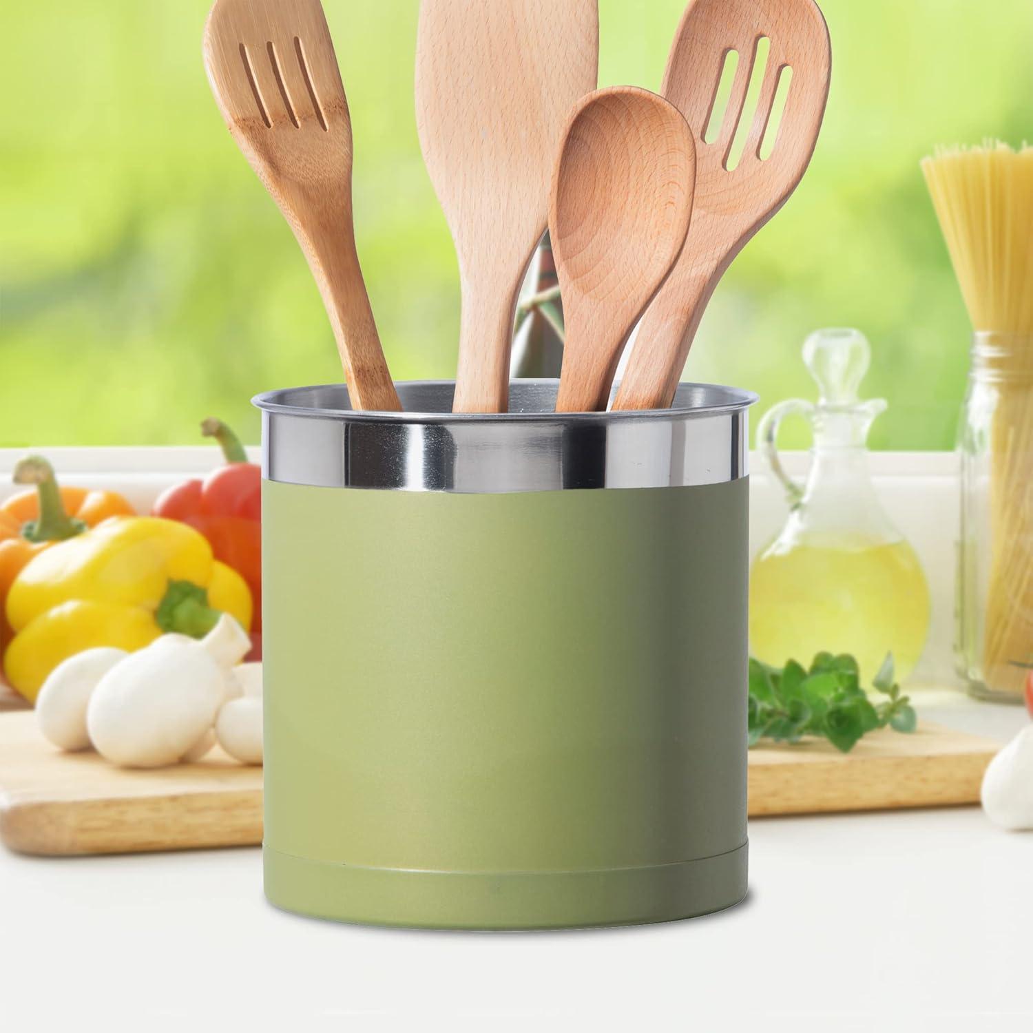 imageOggi Stainless Steel Jumbo Utensil Holder  7quot Utensil Caddy Weighted Base for Stability  Extra Large Utensil Crock and Countertop Utensil Organizer Stainless SteelOlive  7
