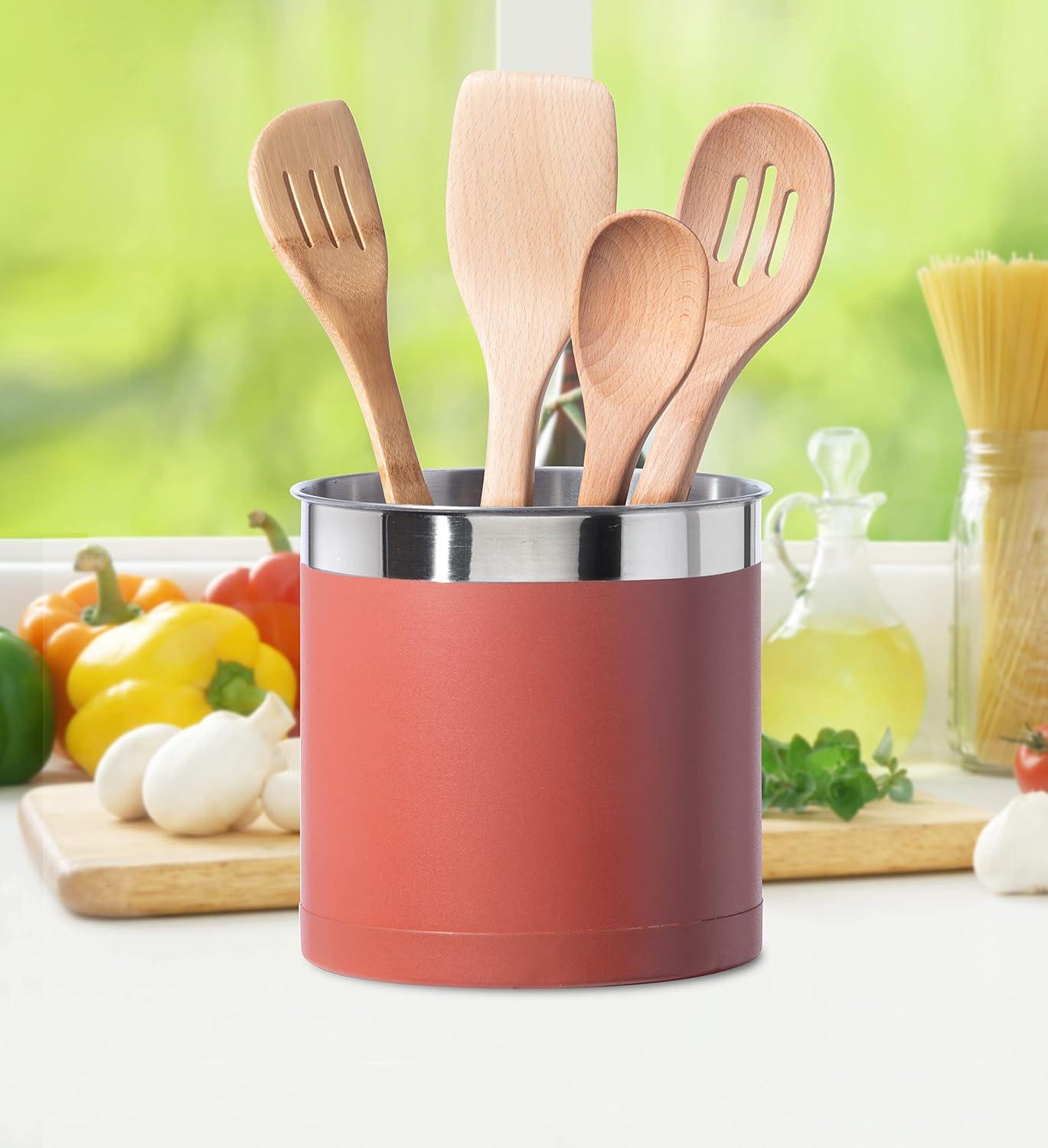imageOggi Stainless Steel Jumbo Utensil Holder  7quot Utensil Caddy Weighted Base for Stability  Extra Large Utensil Crock and Countertop Utensil Organizer Stainless SteelBrick Red  7