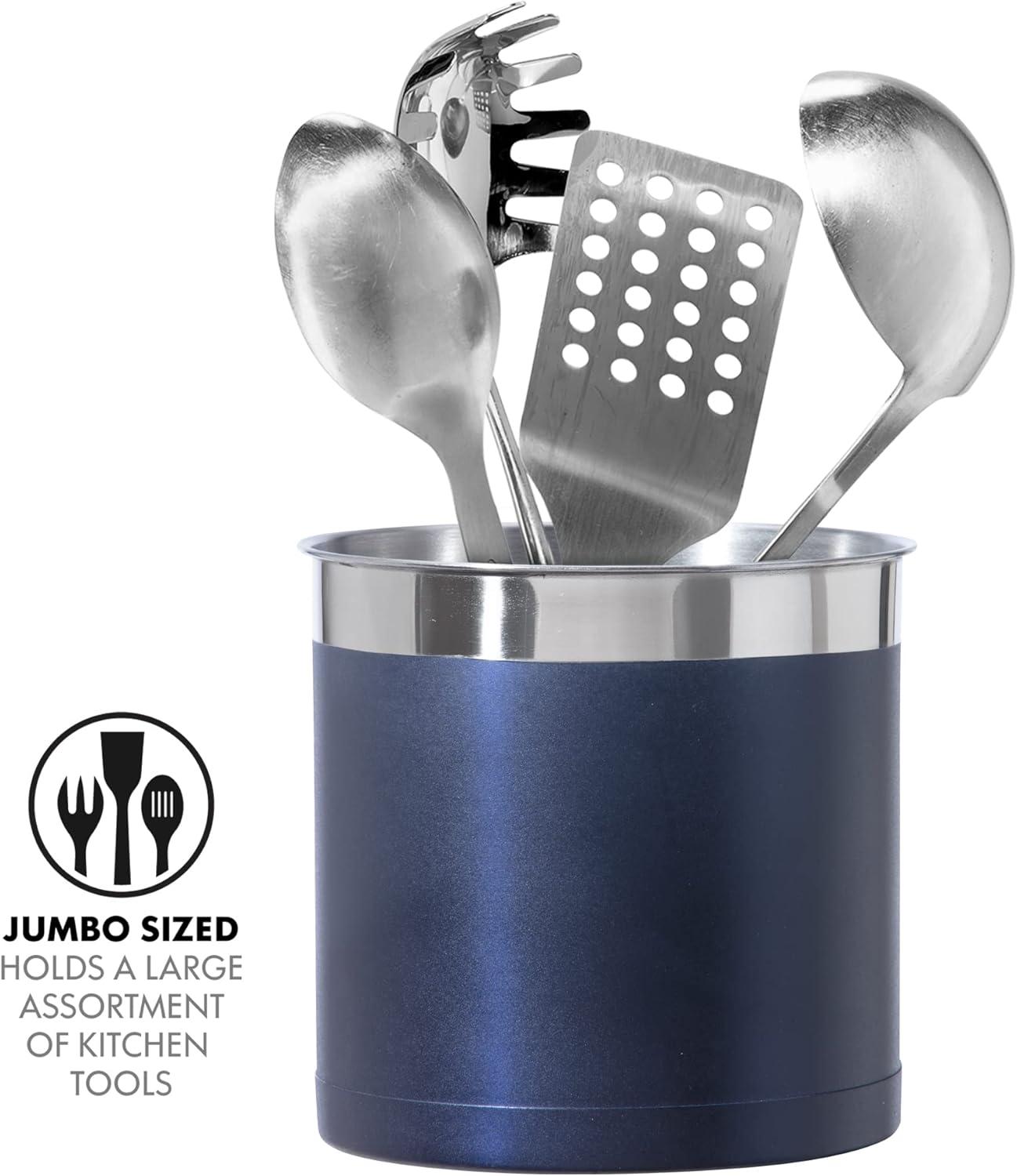imageOggi Stainless Steel Jumbo Utensil Holder  7quot Utensil Caddy Weighted Base for Stability  Extra Large Utensil Crock and Countertop Utensil Organizer Stainless SteelBlue  7