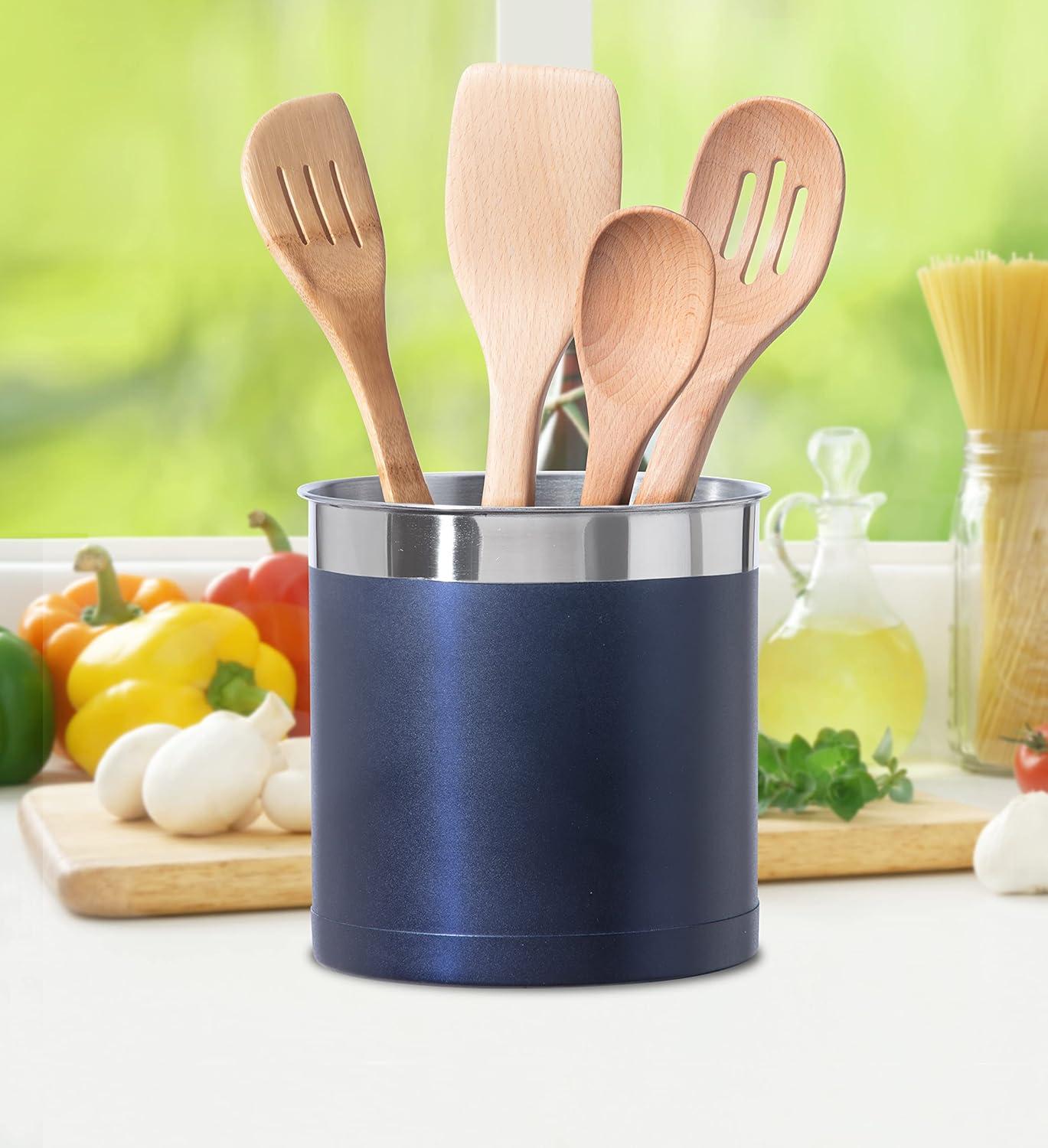 imageOggi Stainless Steel Jumbo Utensil Holder  7quot Utensil Caddy Weighted Base for Stability  Extra Large Utensil Crock and Countertop Utensil Organizer Stainless SteelBlue  7