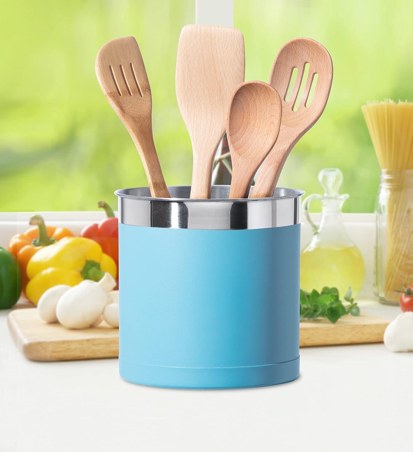 imageOggi Stainless Steel Jumbo Utensil Holder  7quot Utensil Caddy Weighted Base for Stability  Extra Large Utensil Crock and Countertop Utensil Organizer Stainless SteelTurquoise  7