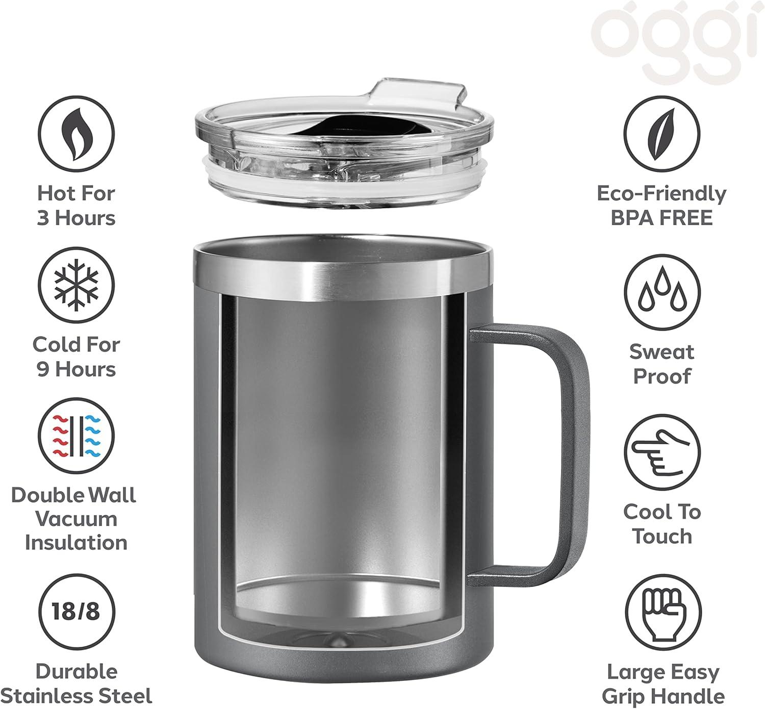 imageOggi ThermoMug Stainless Steel Insulated Mug Double Wall Vacuum Insulated wHandle ampamp Lid Coffee Cup Camping Mug Travel Thermos 14oz420ml Happy FlowersHappy Flowers