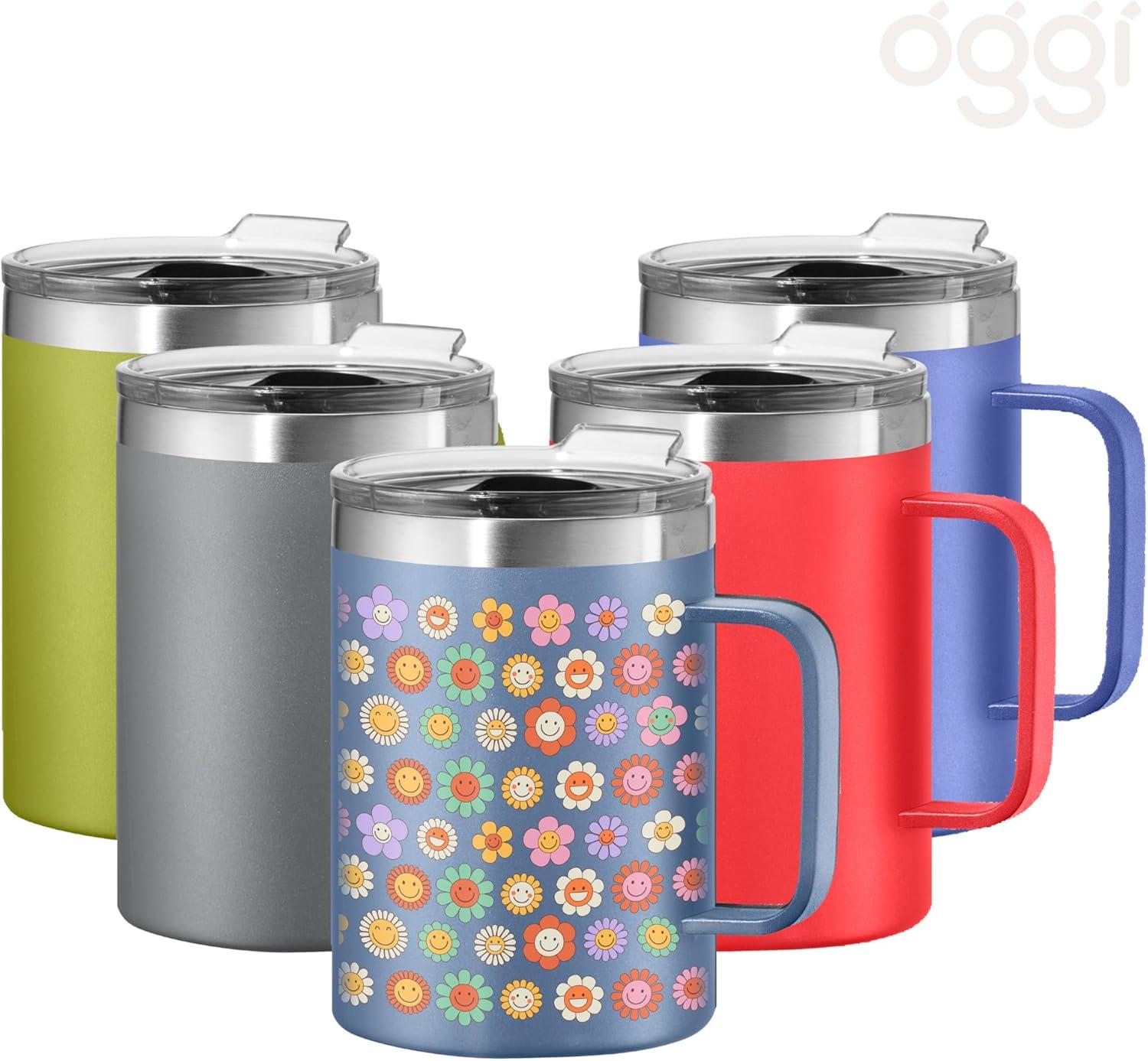 imageOggi ThermoMug Stainless Steel Insulated Mug Double Wall Vacuum Insulated wHandle ampamp Lid Coffee Cup Camping Mug Travel Thermos 14oz420ml Happy FlowersHappy Flowers