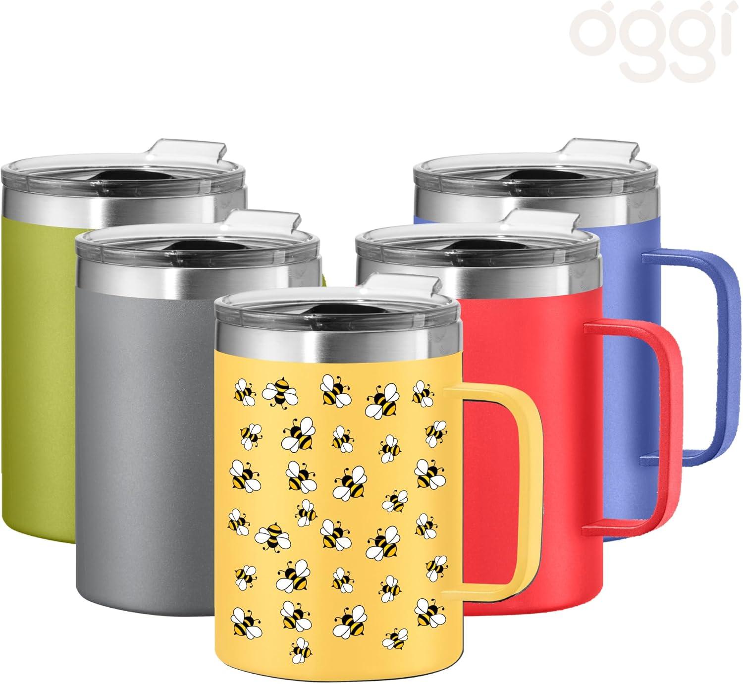 imageOggi ThermoMug Stainless Steel Insulated Mug Double Wall Vacuum Insulated wHandle ampamp Lid Coffee Cup Camping Mug Travel Thermos 14oz420ml Happy FlowersWorker Bees