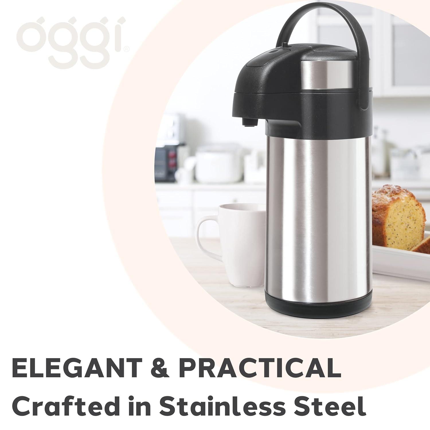 imageOGGI Airking 102oz Stainless Steel Thermal Coffee Carafe Vacuum Container wLever Action Pump Insulated Coffee Carafe Thermos Carafe Hot Beverage Dispenser Catering Supplies 3 Liters