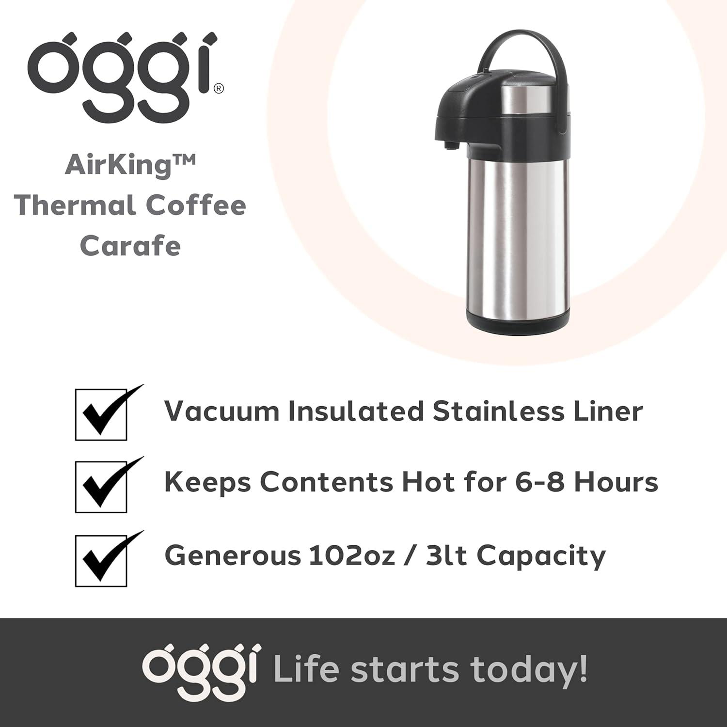 imageOGGI Airking 102oz Stainless Steel Thermal Coffee Carafe Vacuum Container wLever Action Pump Insulated Coffee Carafe Thermos Carafe Hot Beverage Dispenser Catering Supplies 3 Liters