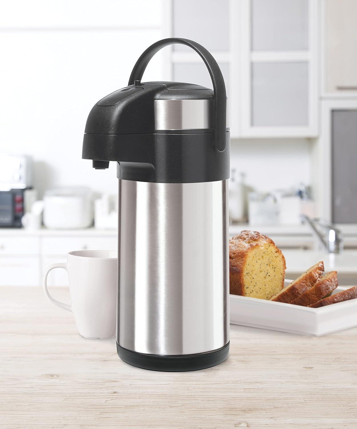 imageOGGI Airking 102oz Stainless Steel Thermal Coffee Carafe Vacuum Container wLever Action Pump Insulated Coffee Carafe Thermos Carafe Hot Beverage Dispenser Catering Supplies 3 Liters