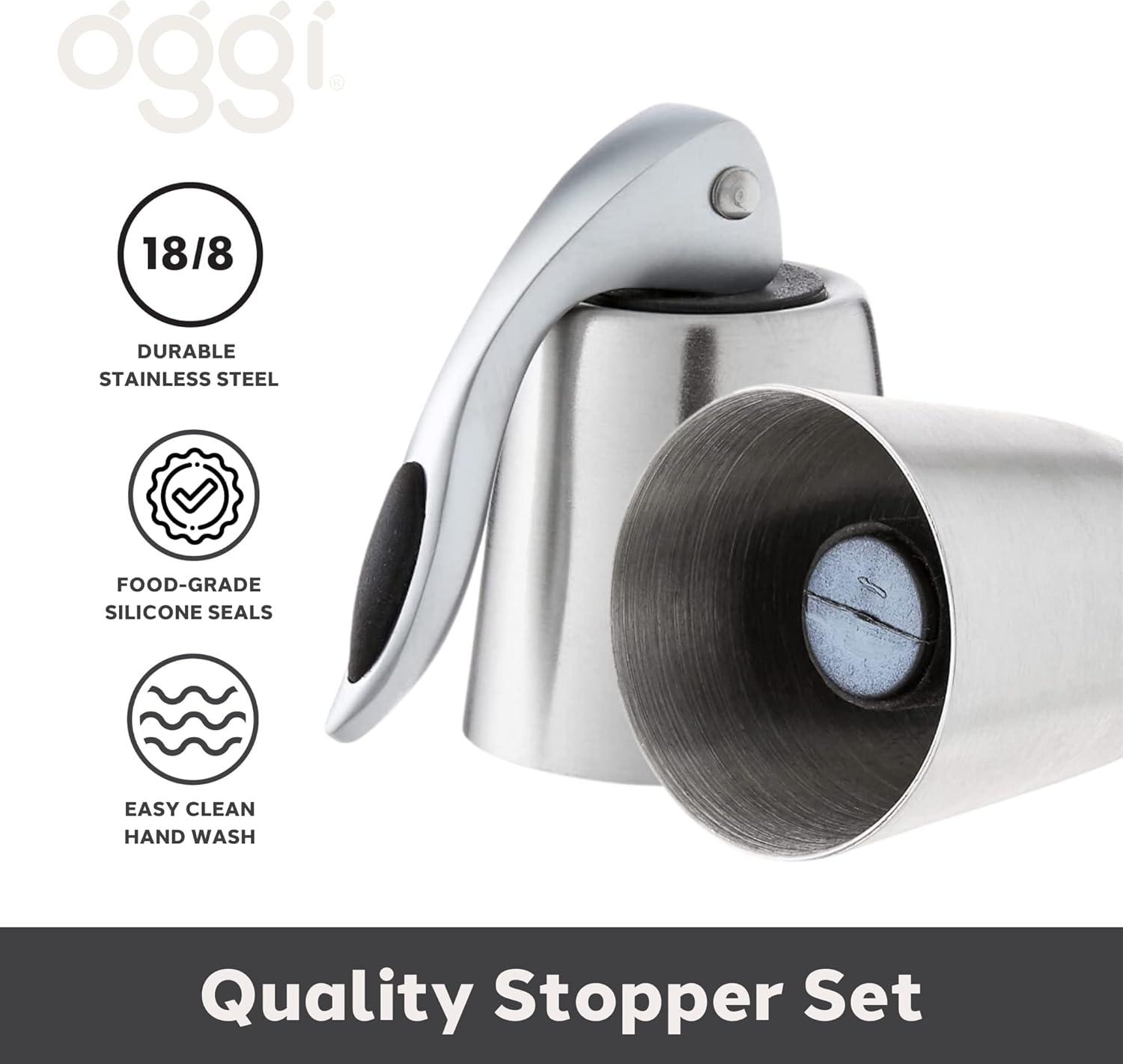 imageOGGI Bottle Stopper Set of 2  Stainless Steel Wine Topper Set  Stylish Wine Saver Stoppers with Airtight Wine Sealer Levers Stainless SteelStainless Steel