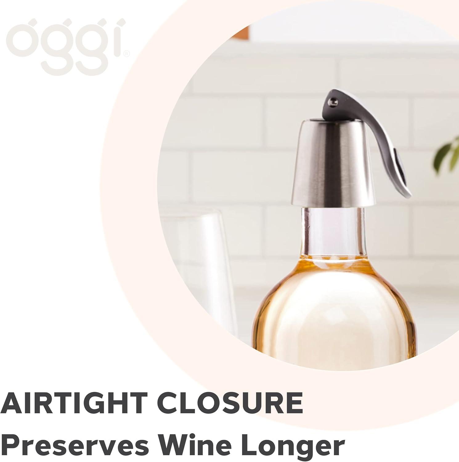 imageOGGI Bottle Stopper Set of 2  Stainless Steel Wine Topper Set  Stylish Wine Saver Stoppers with Airtight Wine Sealer Levers Stainless SteelStainless Steel