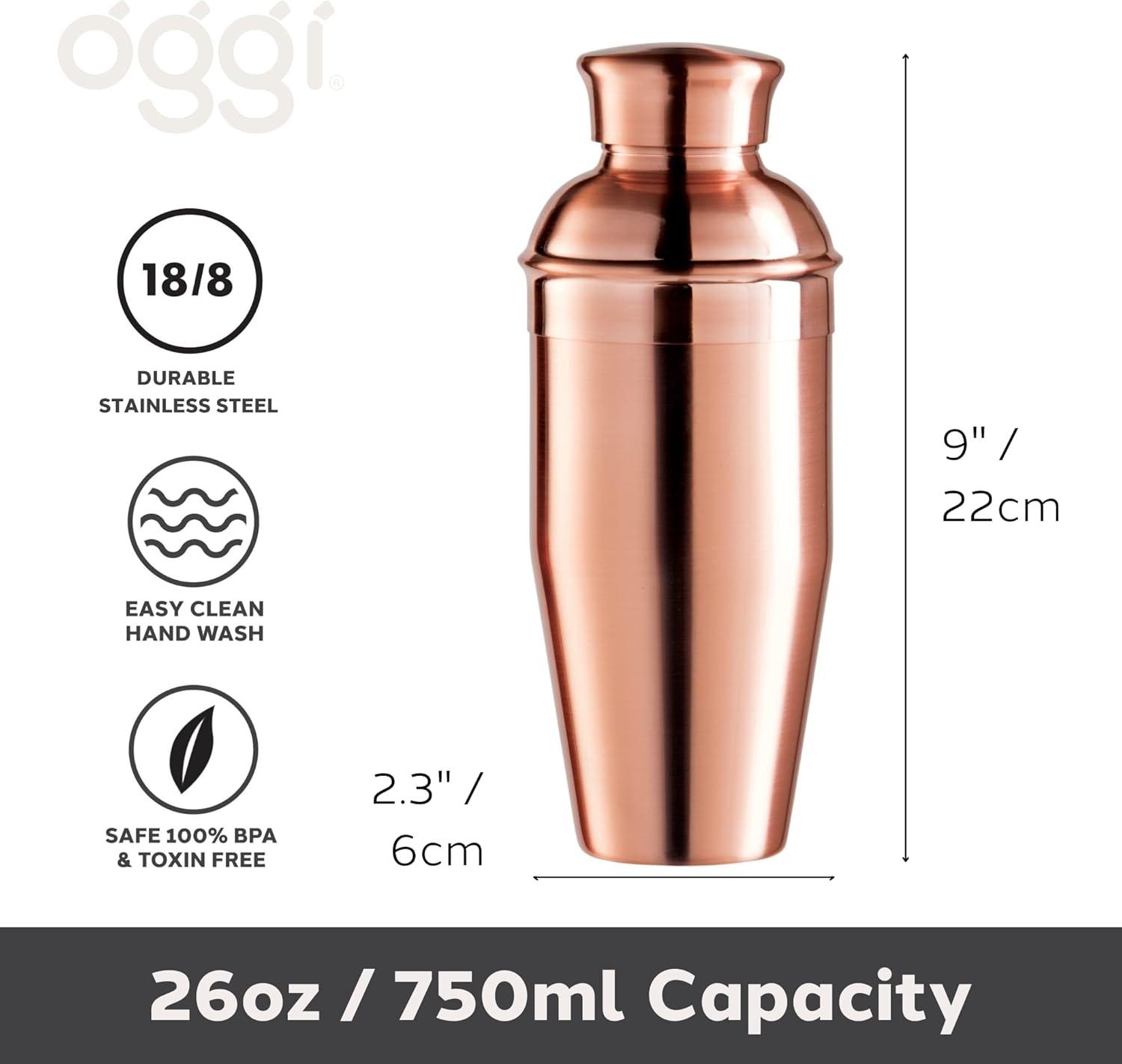 imageOGGI Classic Cocktail Shaker Gold Stainless  26 oz Stainless Steel Construction Built in Strainer  Ideal Home Bar Drink Mixer Bartender Kit Essential Bar AccessoriesCopper