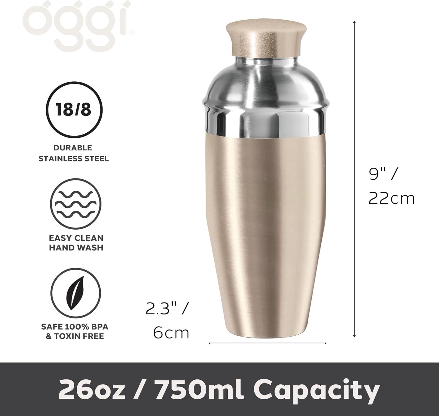 imageOGGI Classic Cocktail Shaker Gold Stainless  26 oz Stainless Steel Construction Built in Strainer  Ideal Home Bar Drink Mixer Bartender Kit Essential Bar AccessoriesGold