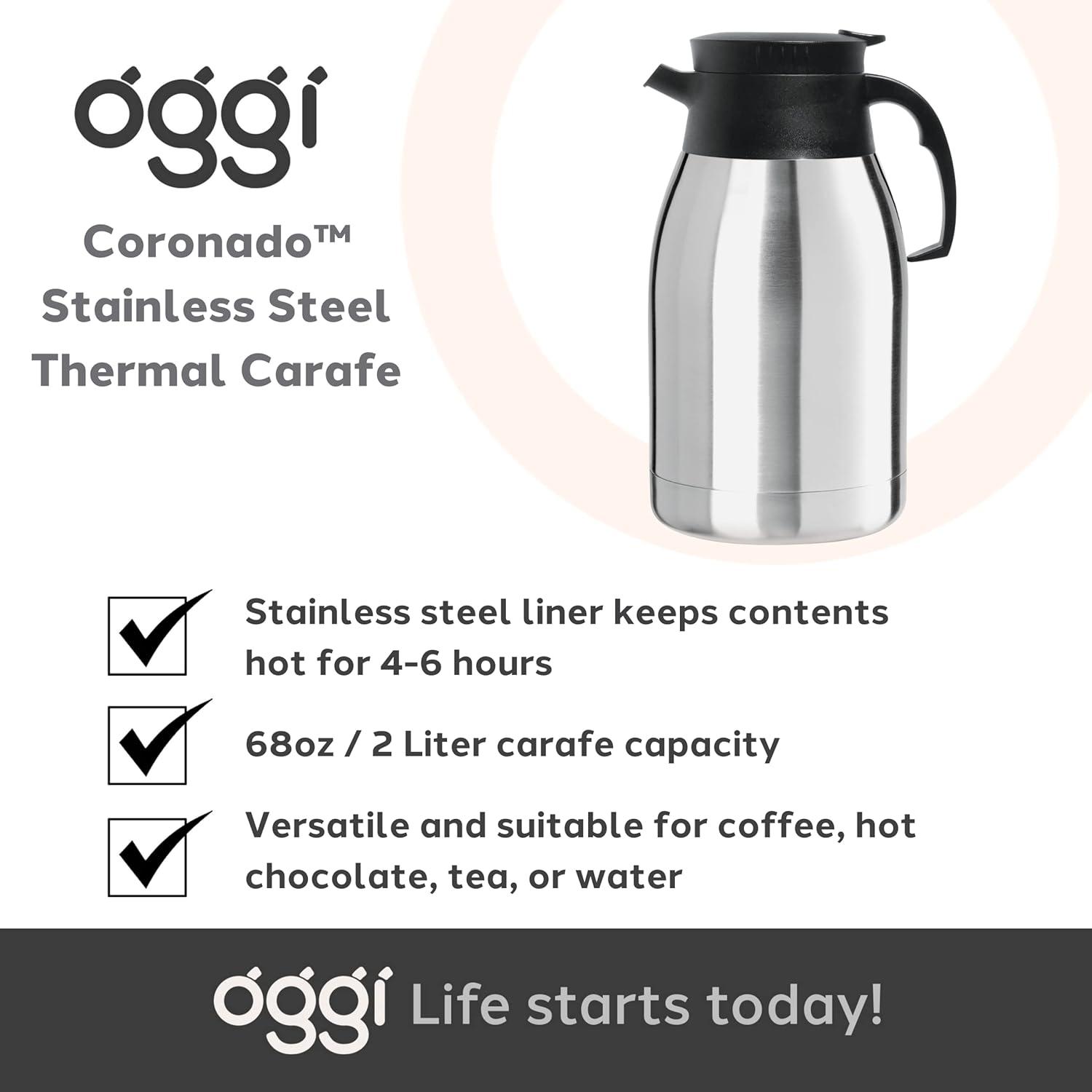 imageOGGI Coronado 68oz Stainless Steel Thermal Coffee Carafe Double Walled Vacuum Container wPress Button Top Insulated Coffee Carafe Thermos Carafe Coffee Urn Hot Beverage Dispenser 2 LitersCoronado 68Ounce