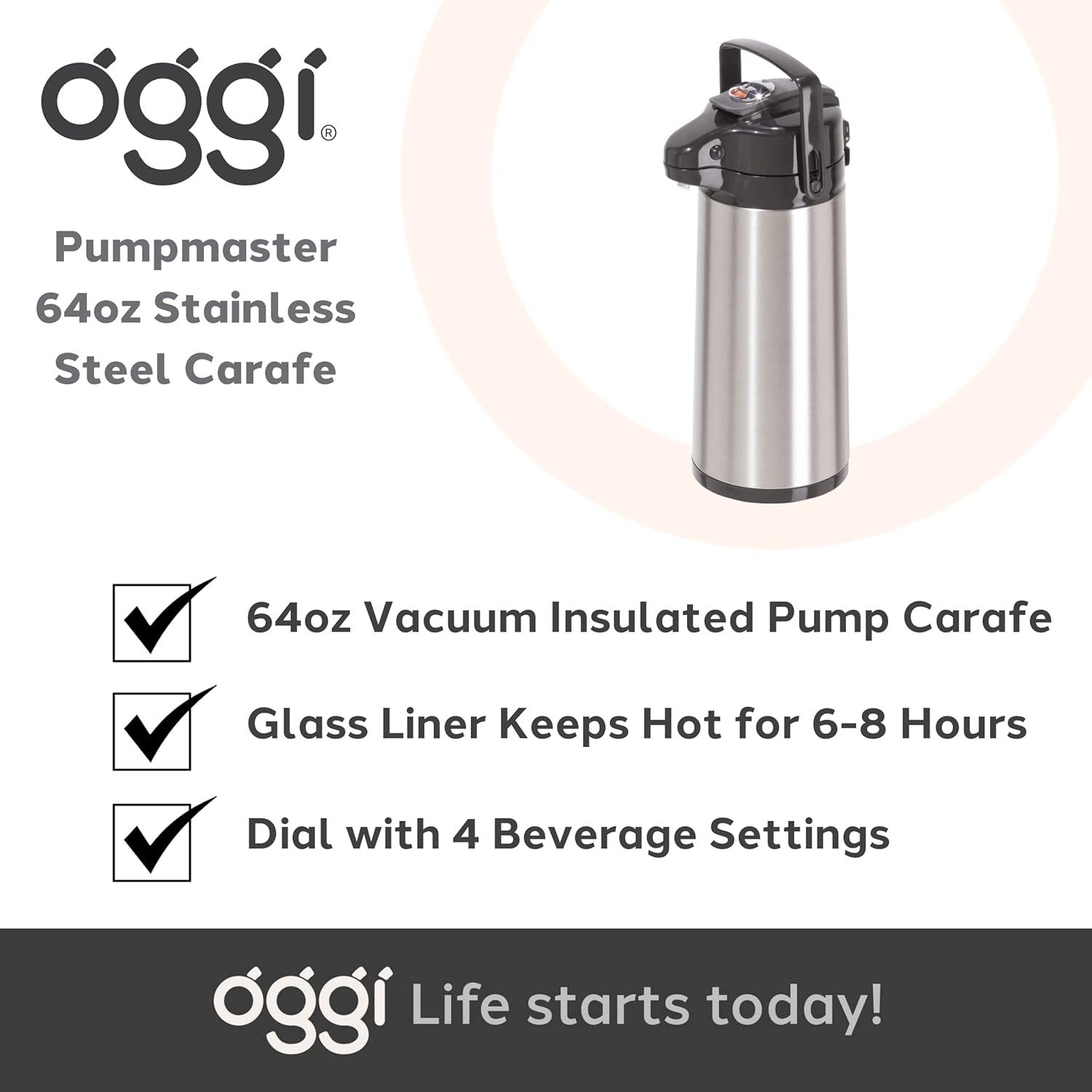 imageOGGI Coronado 68oz Stainless Steel Thermal Coffee Carafe Double Walled Vacuum Container wPress Button Top Insulated Coffee Carafe Thermos Carafe Coffee Urn Hot Beverage Dispenser 2 LitersPumpmaster wLever