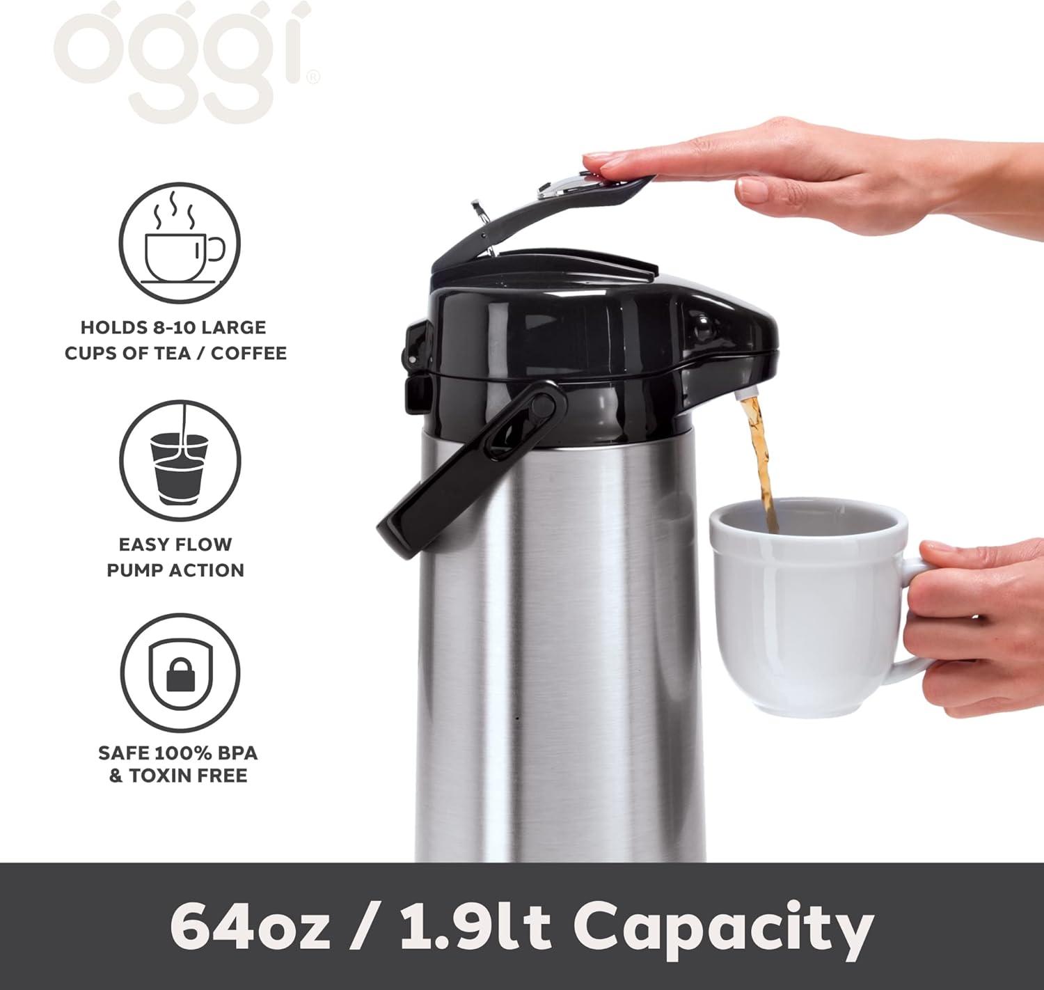 imageOGGI Coronado 68oz Stainless Steel Thermal Coffee Carafe Double Walled Vacuum Container wPress Button Top Insulated Coffee Carafe Thermos Carafe Coffee Urn Hot Beverage Dispenser 2 LitersPumpmaster wLever