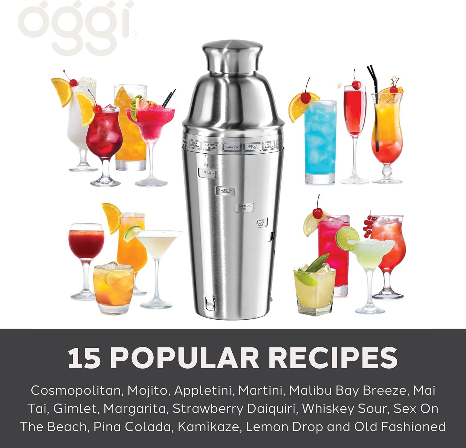 imageOGGI Dial A Drink Cocktail Shaker  Warm Gray 15 Recipes Built in Strainer 34 oz  The Original and Only Dial A Drink  Ideal Home Bar Drink Mixer Bartender Kit Essential Bar AccessoriesStainless  34oz