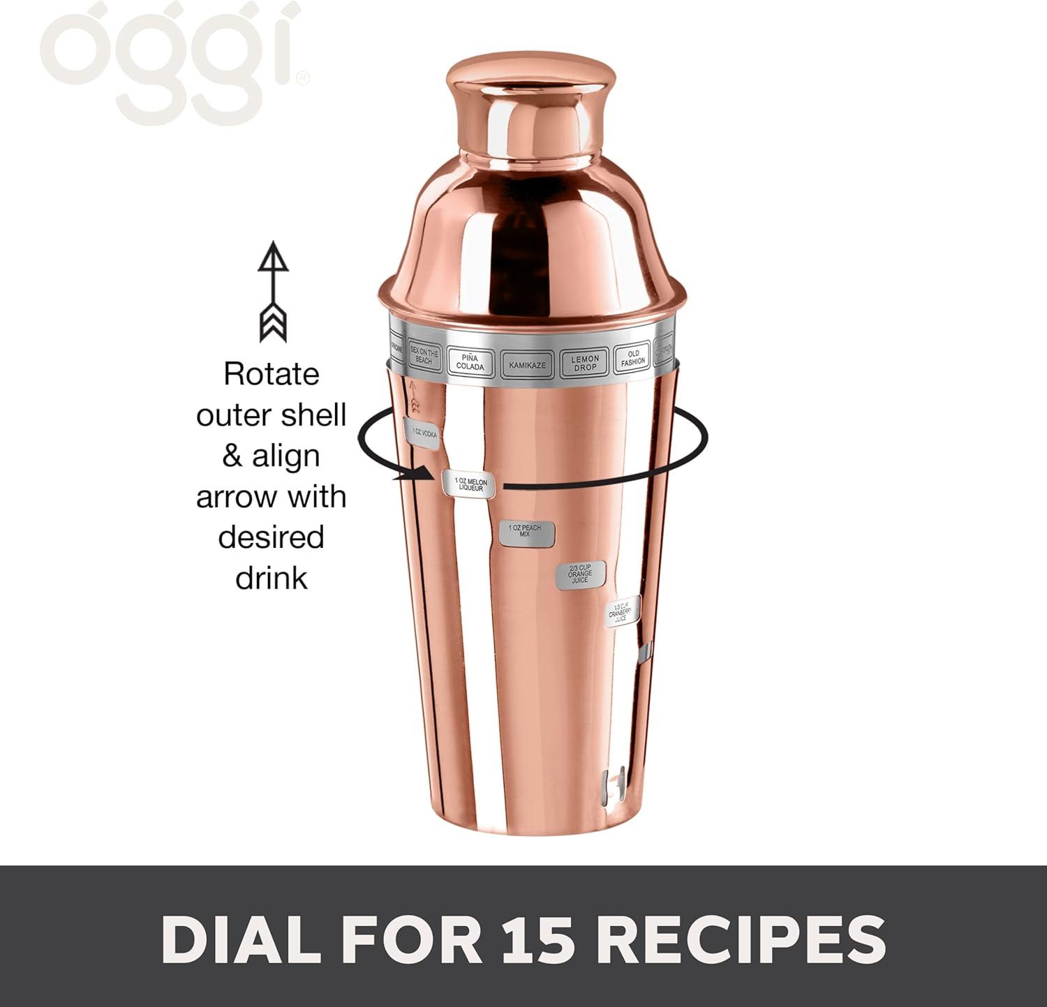 imageOGGI Dial A Drink Cocktail Shaker  Warm Gray 15 Recipes Built in Strainer 34 oz  The Original and Only Dial A Drink  Ideal Home Bar Drink Mixer Bartender Kit Essential Bar AccessoriesCopper Plated  34oz