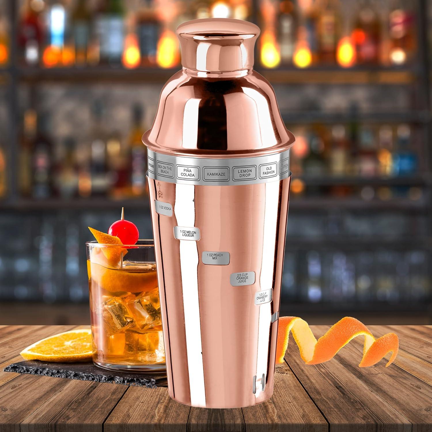 imageOGGI Dial A Drink Cocktail Shaker  Warm Gray 15 Recipes Built in Strainer 34 oz  The Original and Only Dial A Drink  Ideal Home Bar Drink Mixer Bartender Kit Essential Bar AccessoriesCopper Plated  34oz