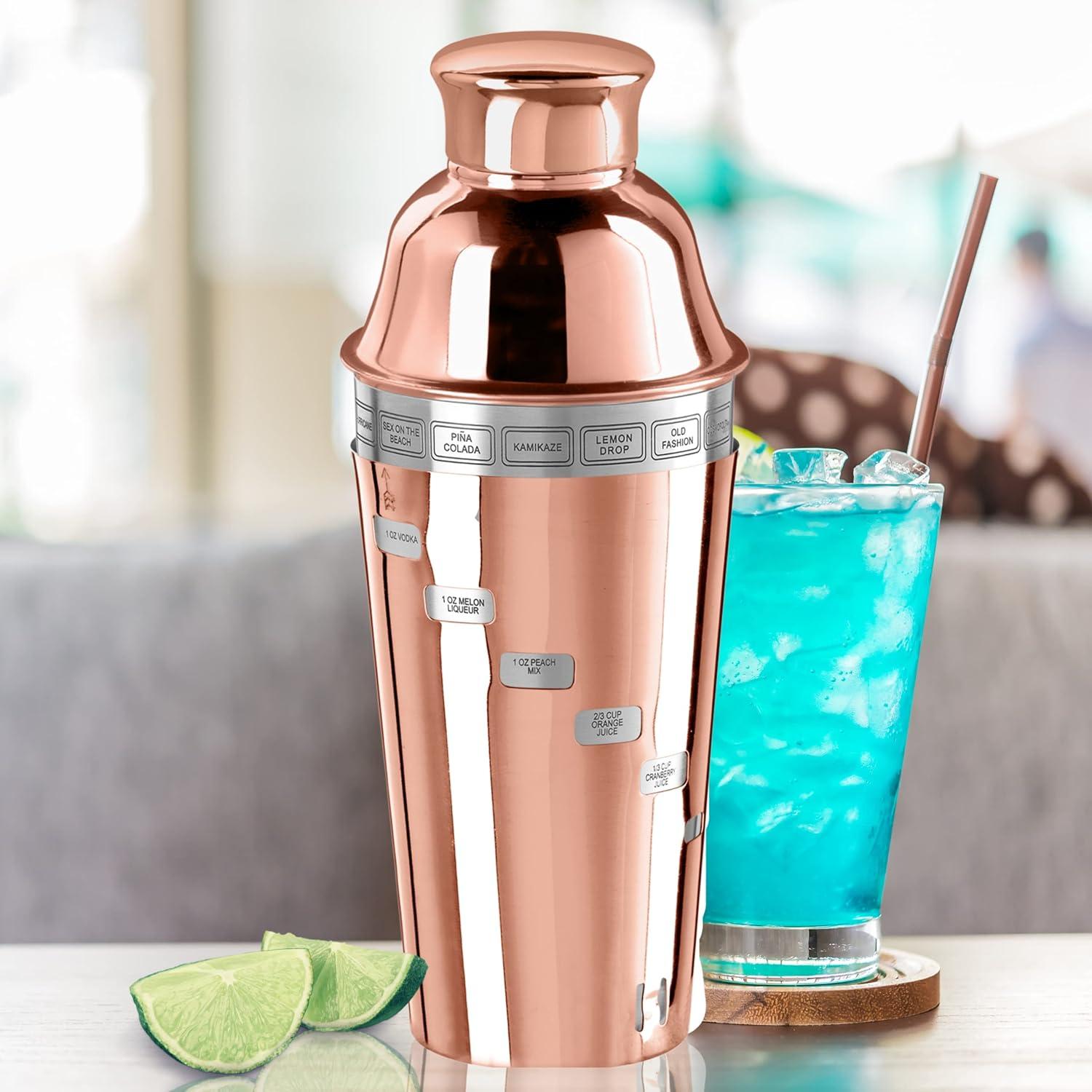 imageOGGI Dial A Drink Cocktail Shaker  Warm Gray 15 Recipes Built in Strainer 34 oz  The Original and Only Dial A Drink  Ideal Home Bar Drink Mixer Bartender Kit Essential Bar AccessoriesCopper Plated  34oz