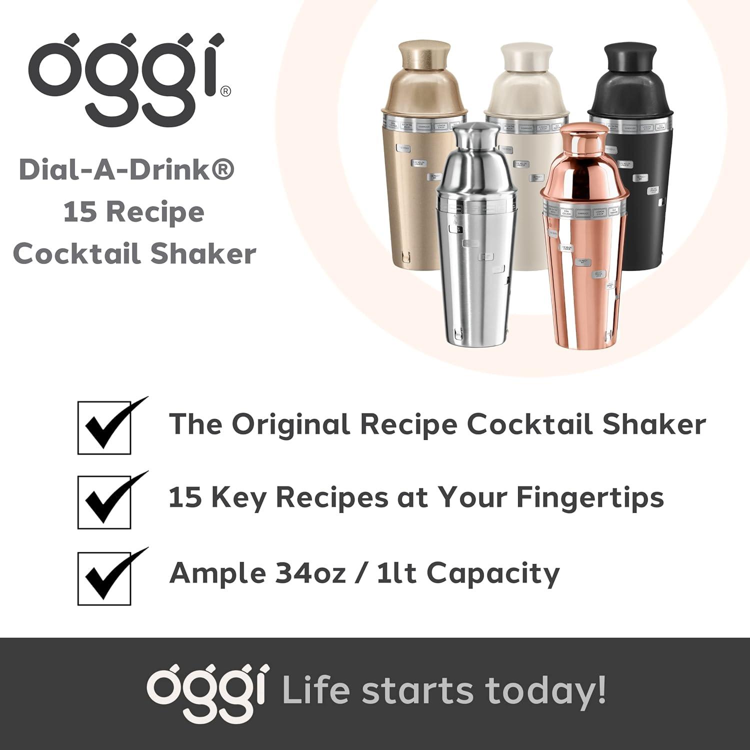 imageOGGI Dial A Drink Cocktail Shaker  Warm Gray 15 Recipes Built in Strainer 34 oz  The Original and Only Dial A Drink  Ideal Home Bar Drink Mixer Bartender Kit Essential Bar AccessoriesBlack  34oz