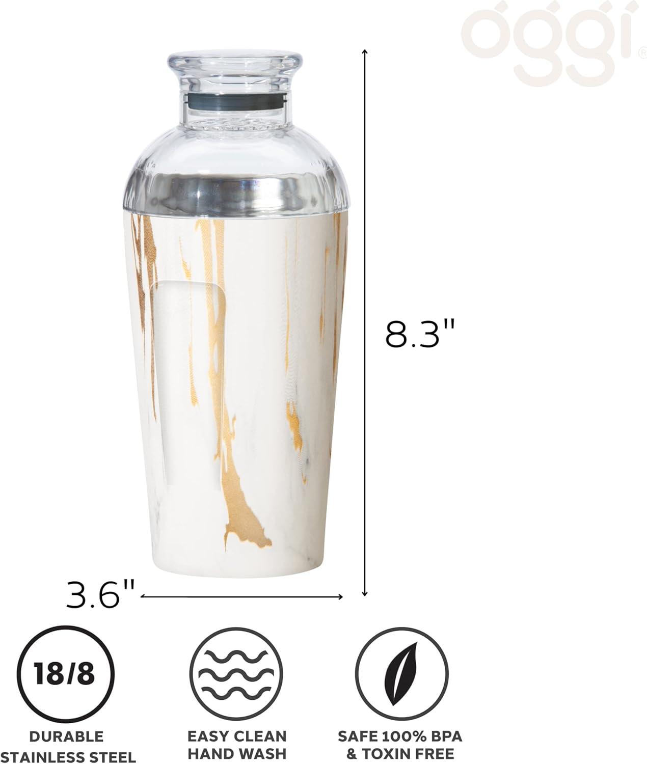 imageOGGI Groove Insulated Cocktail Shaker17oz Double Wall Vacuum Insulated Stainless Steel Tritan Lid has Built In Strainer Ideal Cocktail Mixer Martini Shaker Margarita Shaker Gold MarbleWhite Gold Marble