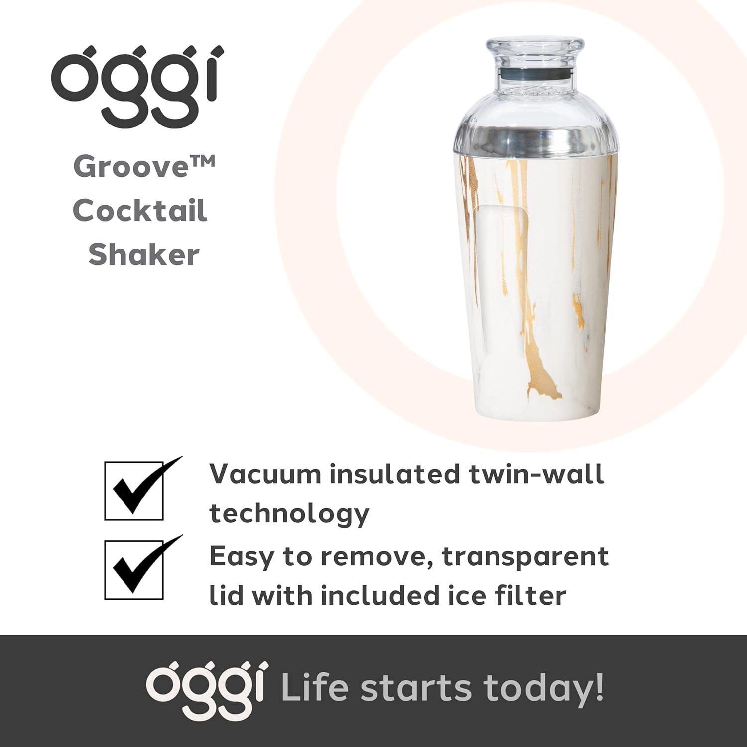 imageOGGI Groove Insulated Cocktail Shaker17oz Double Wall Vacuum Insulated Stainless Steel Tritan Lid has Built In Strainer Ideal Cocktail Mixer Martini Shaker Margarita Shaker Gold MarbleWhite Gold Marble