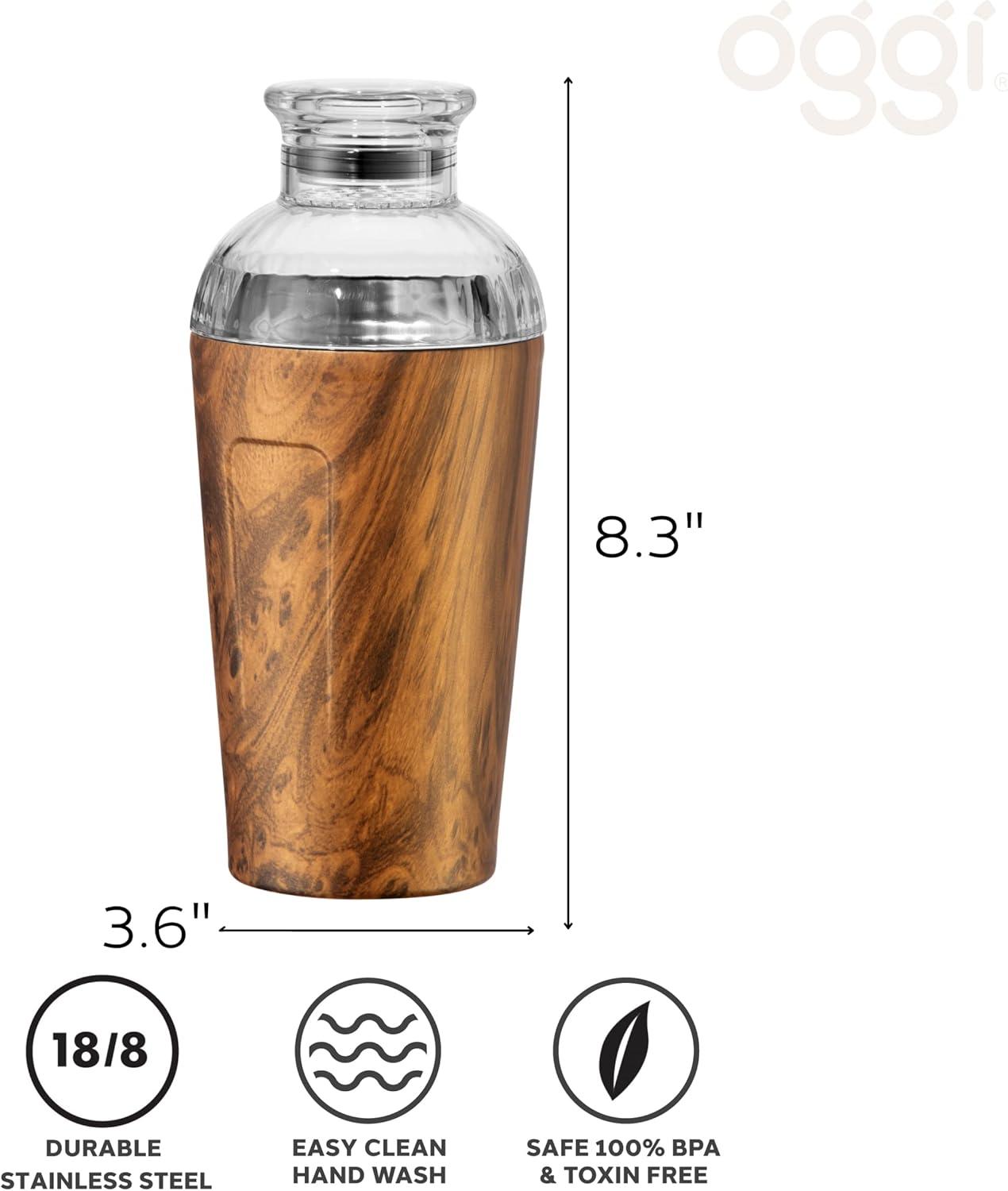 imageOGGI Groove Insulated Cocktail Shaker17oz Double Wall Vacuum Insulated Stainless Steel Tritan Lid has Built In Strainer Ideal Cocktail Mixer Martini Shaker Margarita Shaker Gold MarbleWood Grain