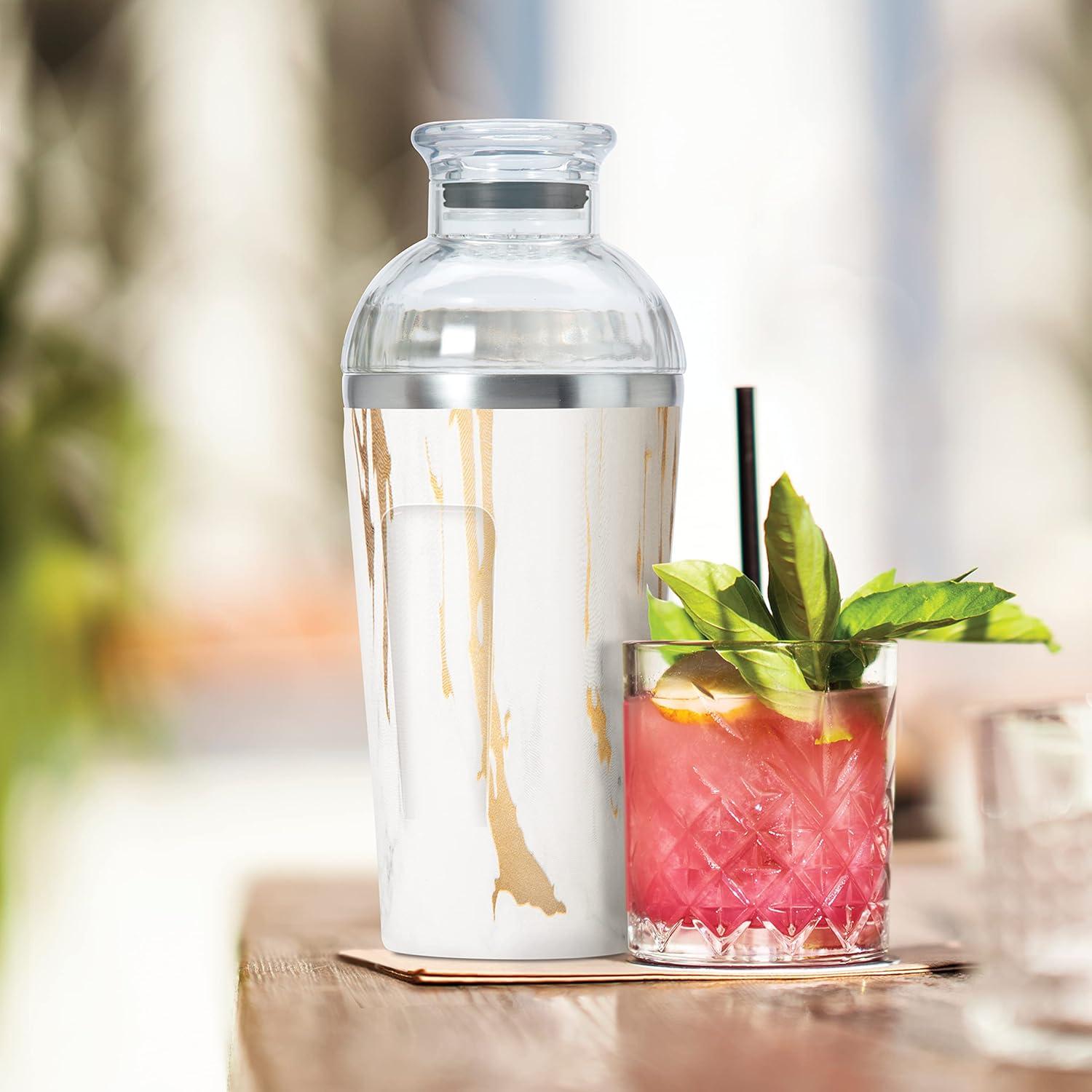 imageOGGI Groove Insulated Cocktail Shaker17oz Double Wall Vacuum Insulated Stainless Steel Tritan Lid has Built In Strainer Ideal Cocktail Mixer Martini Shaker Margarita Shaker Gold MarbleWhite Gold Marble