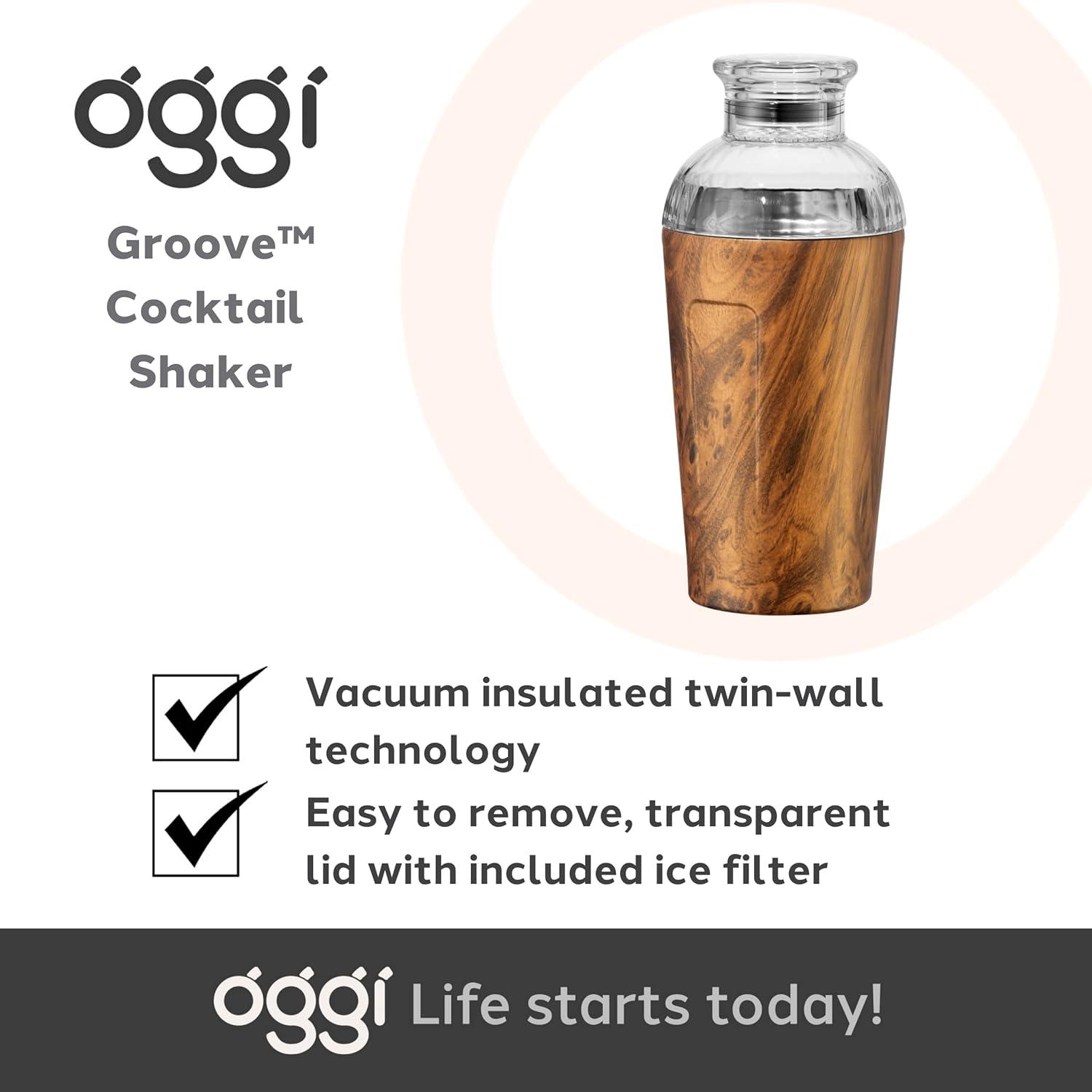 imageOGGI Groove Insulated Cocktail Shaker17oz Double Wall Vacuum Insulated Stainless Steel Tritan Lid has Built In Strainer Ideal Cocktail Mixer Martini Shaker Margarita Shaker Gold MarbleWood Grain