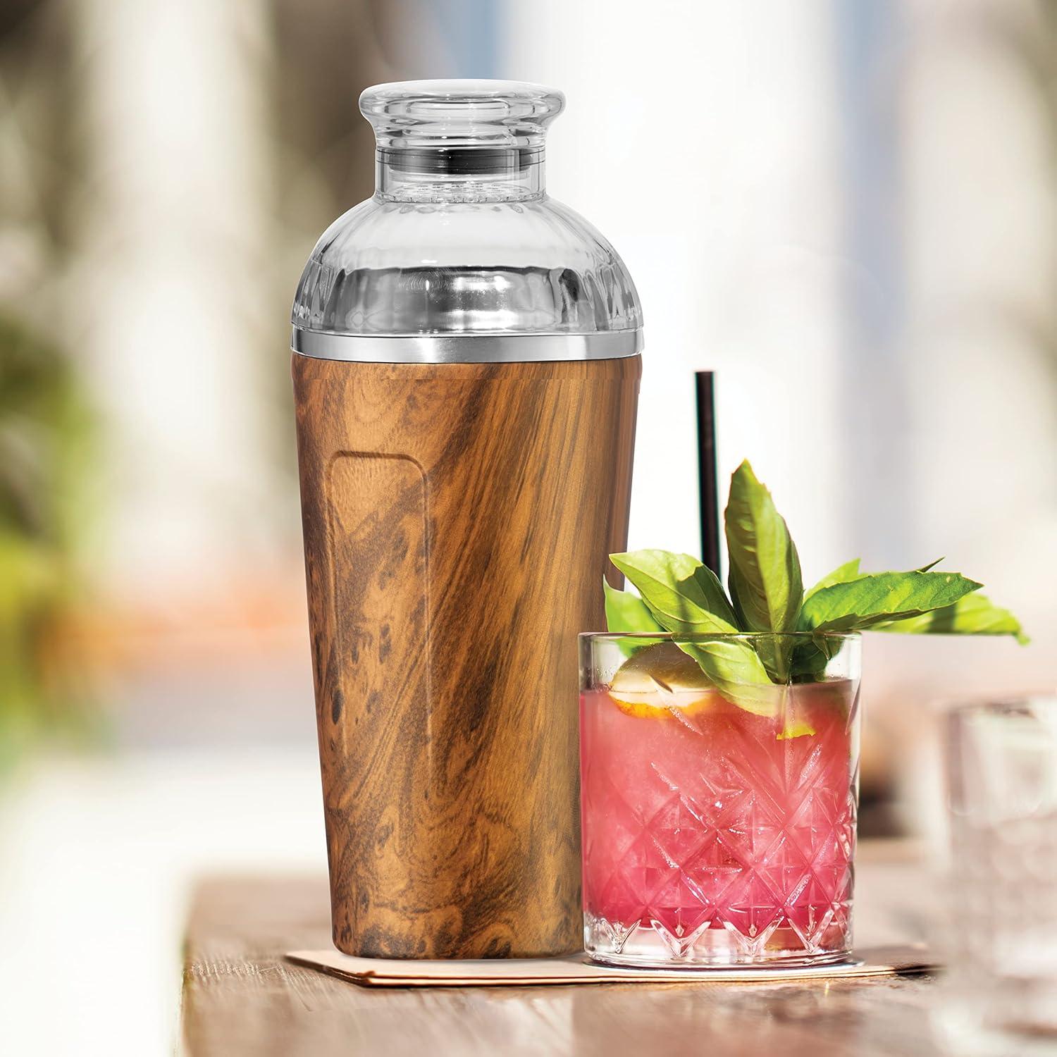 imageOGGI Groove Insulated Cocktail Shaker17oz Double Wall Vacuum Insulated Stainless Steel Tritan Lid has Built In Strainer Ideal Cocktail Mixer Martini Shaker Margarita Shaker Gold MarbleWood Grain