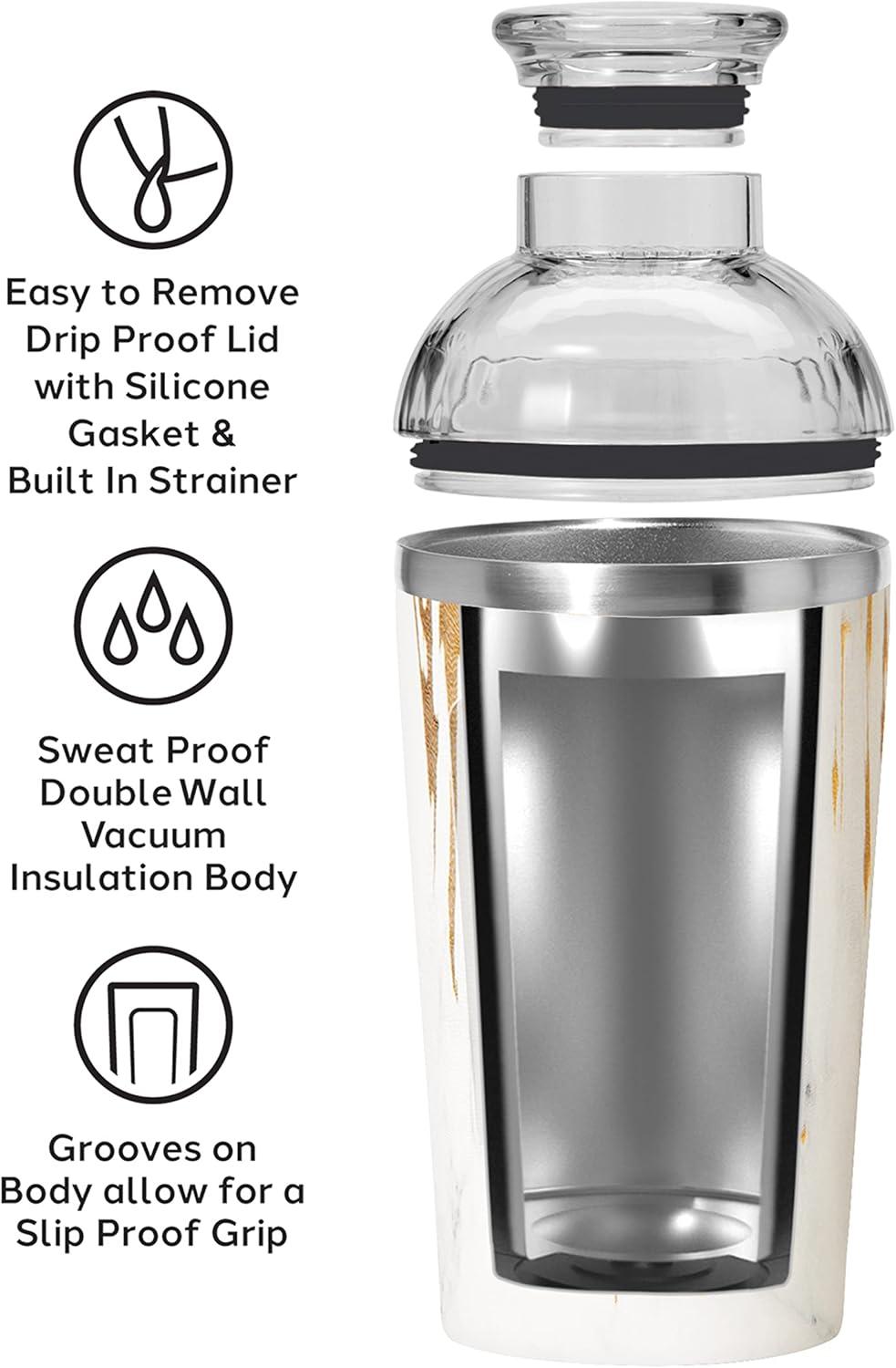 imageOGGI Groove Insulated Cocktail Shaker17oz Double Wall Vacuum Insulated Stainless Steel Tritan Lid has Built In Strainer Ideal Cocktail Mixer Martini Shaker Margarita Shaker Gold MarbleWhite Gold Marble