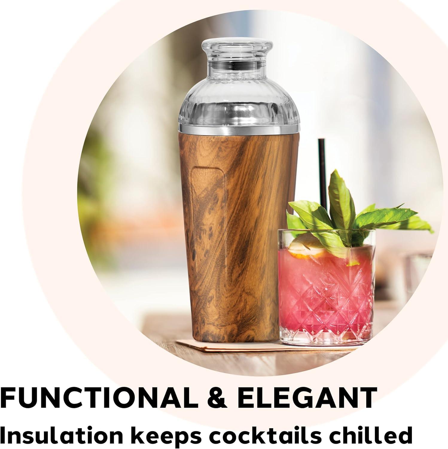 imageOGGI Groove Insulated Cocktail Shaker17oz Double Wall Vacuum Insulated Stainless Steel Tritan Lid has Built In Strainer Ideal Cocktail Mixer Martini Shaker Margarita Shaker Gold MarbleWood Grain