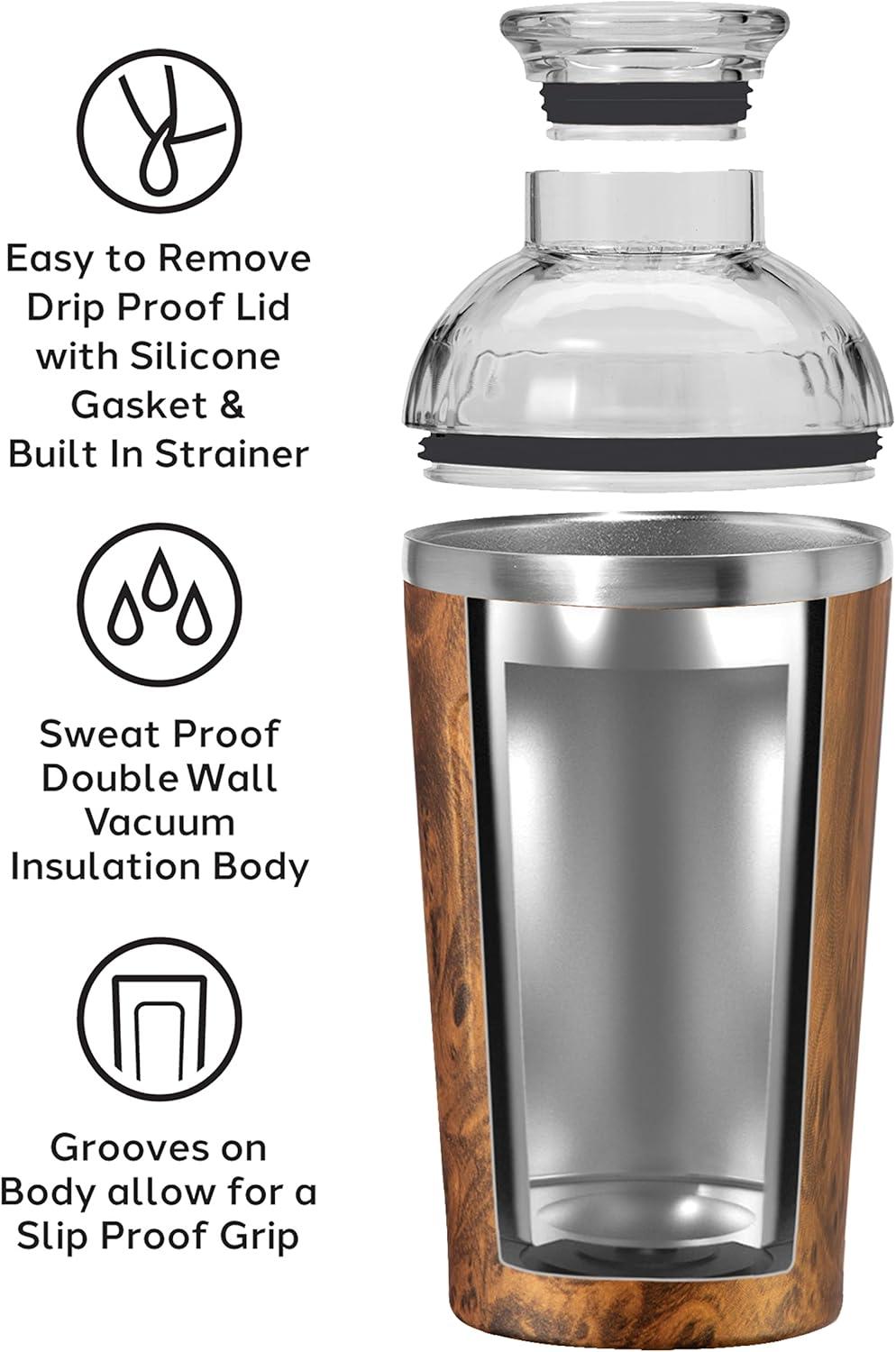 imageOGGI Groove Insulated Cocktail Shaker17oz Double Wall Vacuum Insulated Stainless Steel Tritan Lid has Built In Strainer Ideal Cocktail Mixer Martini Shaker Margarita Shaker Gold MarbleWood Grain