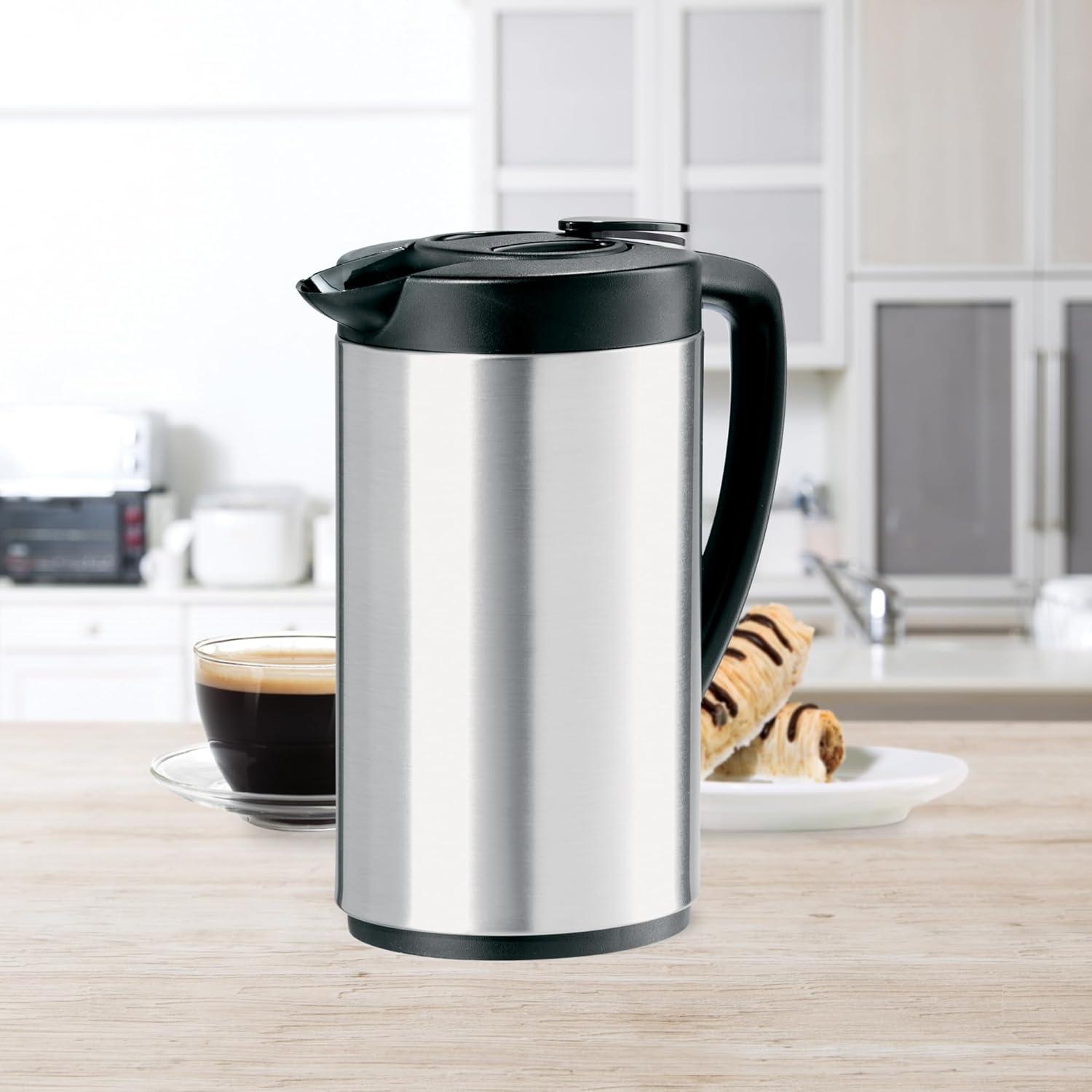 imageOGGI Oval Carafe Glass Liner  Stainless Steel Body 1 Liter  34oz Capacity  Ideal Glass Vacuum Coffee Carafe and Tea Thermos Press Button for Easy Pouring  StainlessStainless Steel