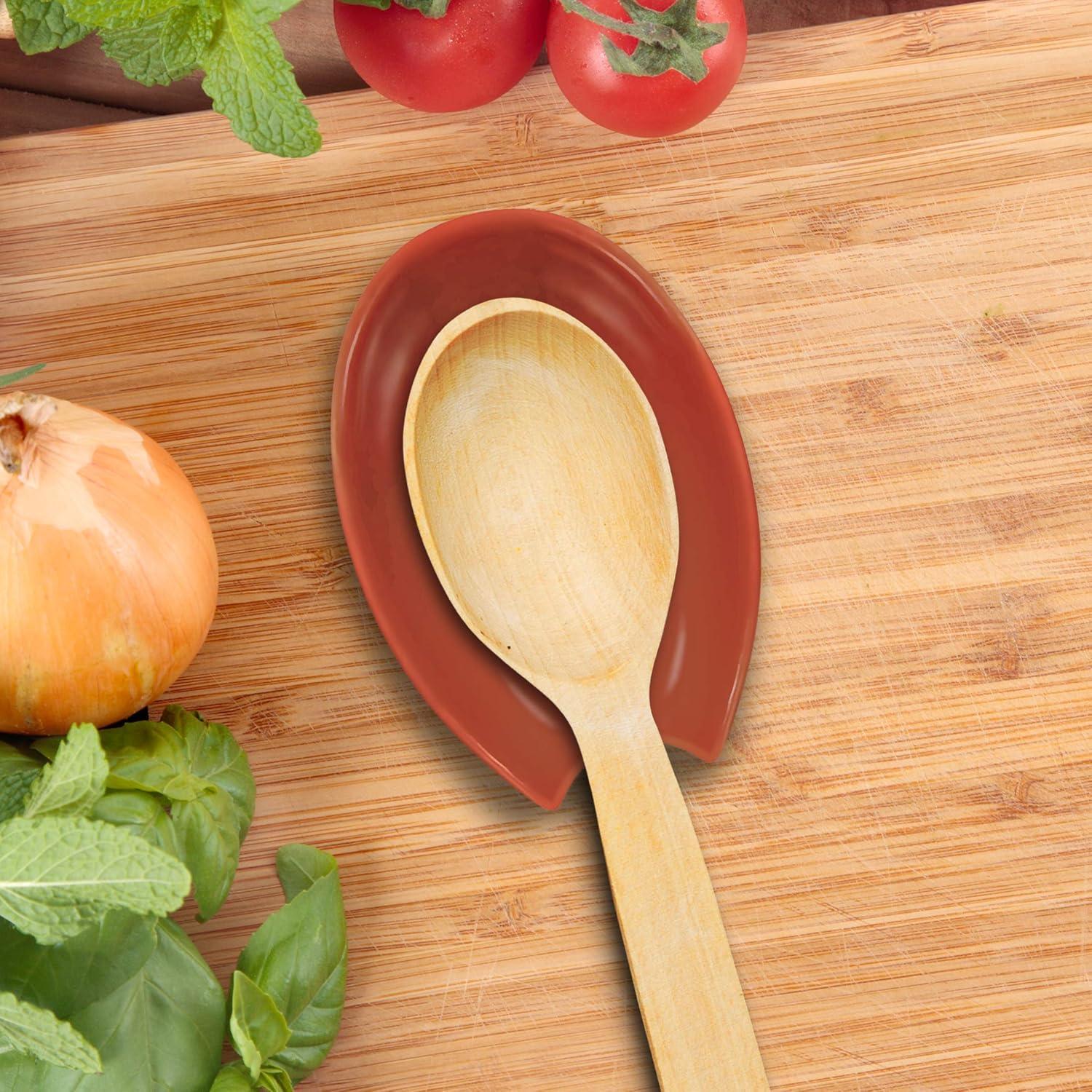 imageOGGI Spooner Ceramic Spoon Rest Spoon Rest for Stove Top Spoon Holder for Countertop Kitchen Decor for Counter Coffee Bar Accessories IvoryBrick Red