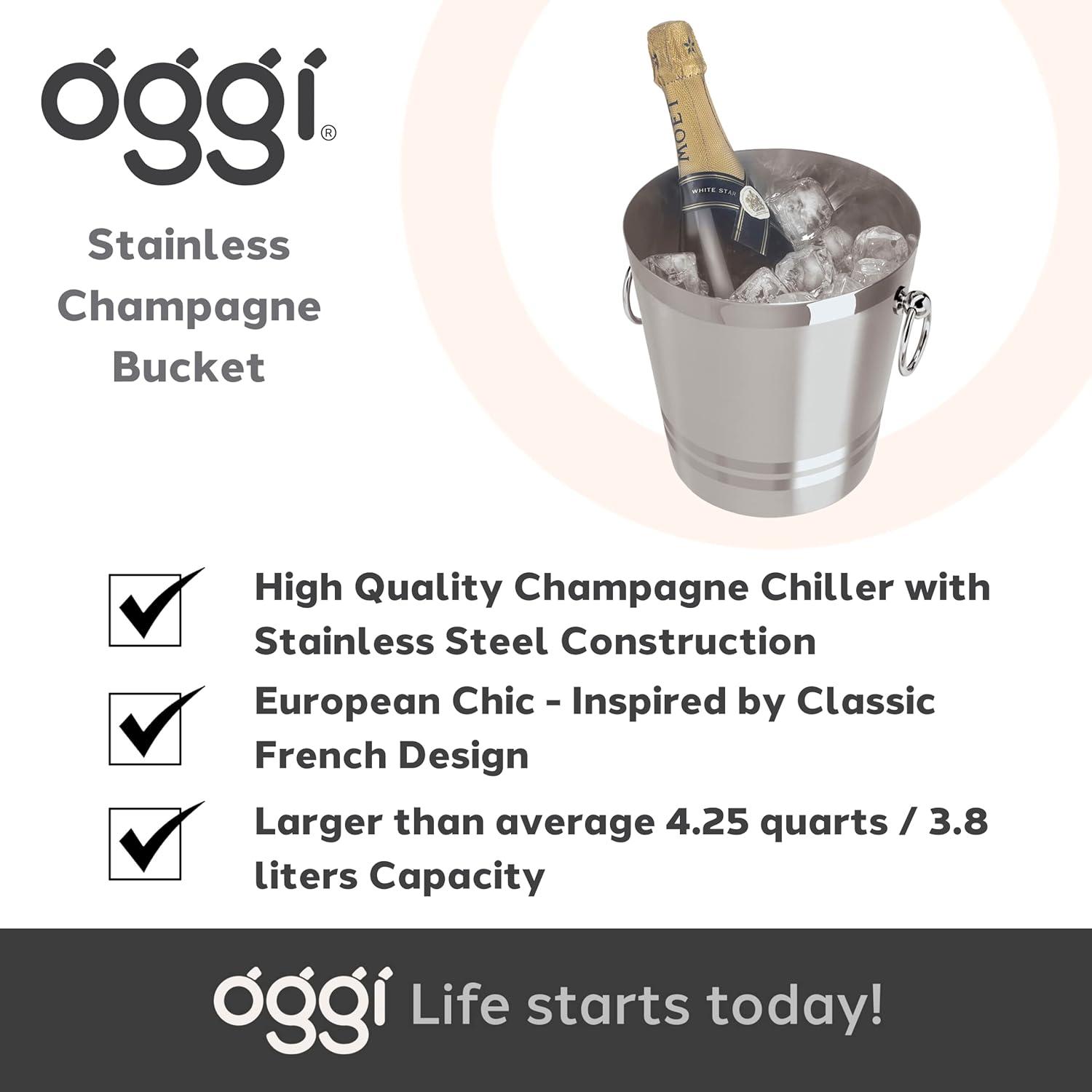 imageOGGI Stainless Steel Champagne Bucket  Large Ice Bucket with Elegant ampamp Classic Handles  Great for Home Bar Chilling Champagne and Sparkling Wine  425 qt  4 lt425 qt