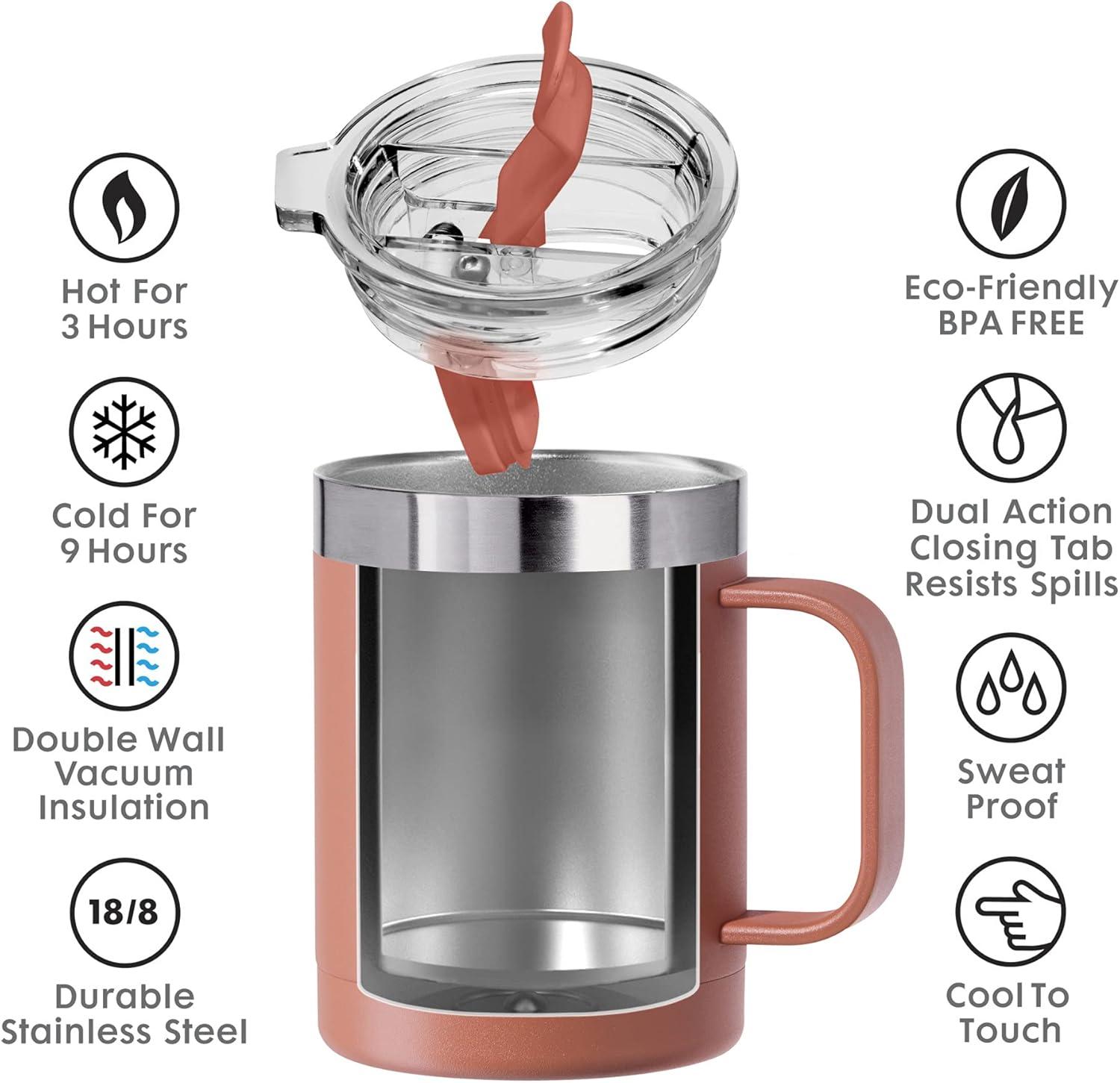 imageOGGI ThermoMug Stainless Steel Insulated Mug Double Wall Vacuum Insulated wHandle ampamp Lid Coffee Cup Camping Mug Travel Thermos 14oz420ml Blue SkyBrick Red