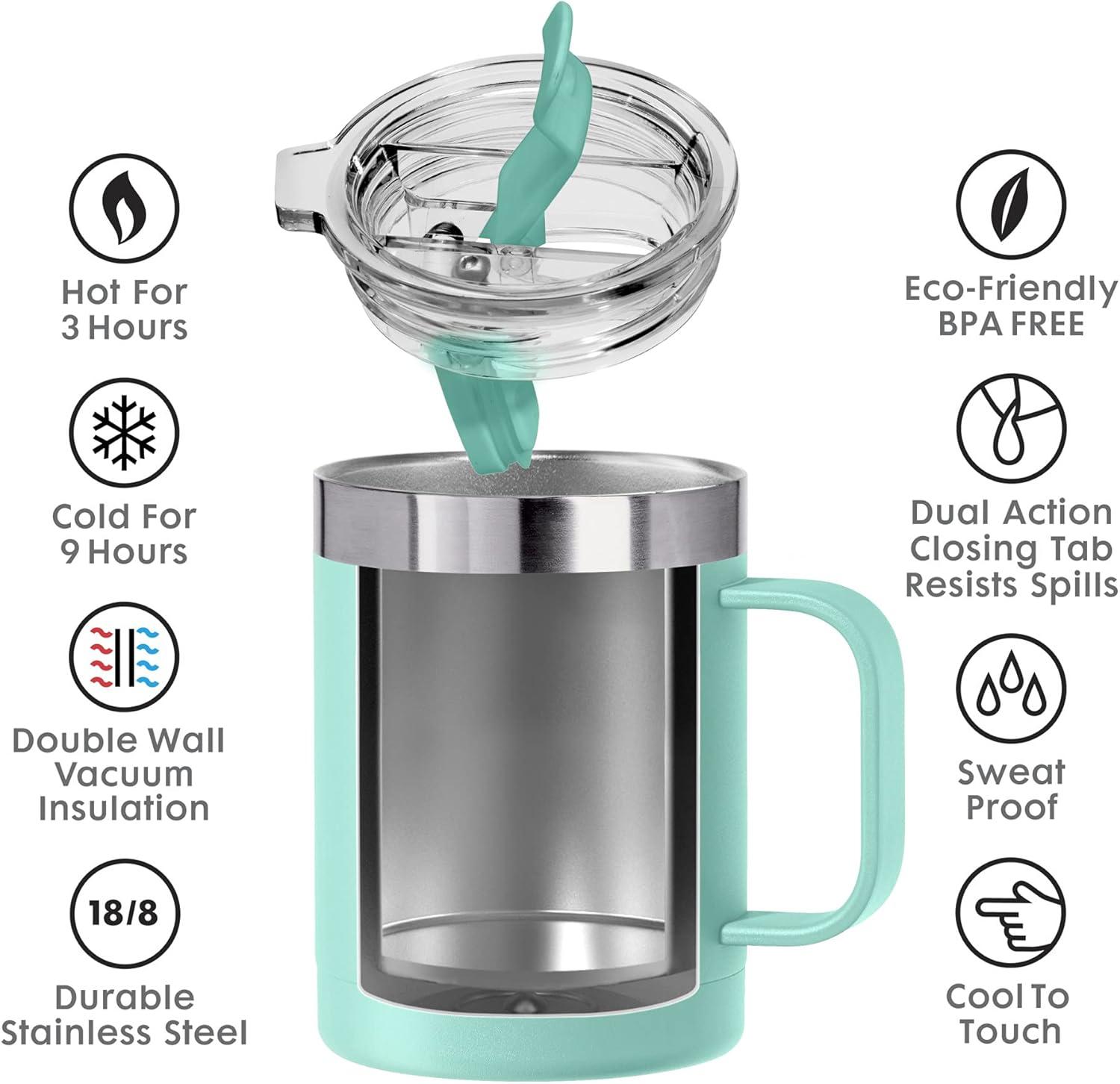 imageOGGI ThermoMug Stainless Steel Insulated Mug Double Wall Vacuum Insulated wHandle ampamp Lid Coffee Cup Camping Mug Travel Thermos 14oz420ml Blue SkyBlue Sky
