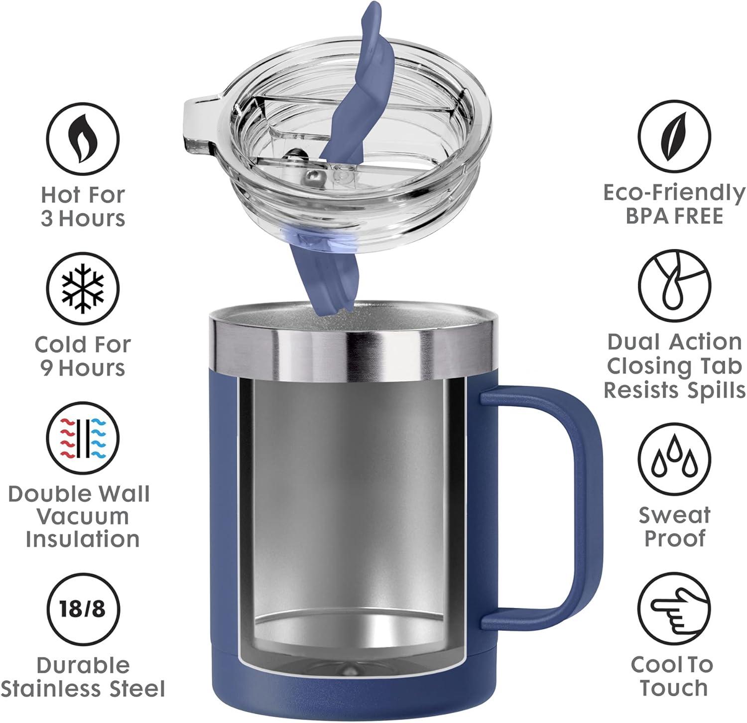 imageOGGI ThermoMug Stainless Steel Insulated Mug Double Wall Vacuum Insulated wHandle ampamp Lid Coffee Cup Camping Mug Travel Thermos 14oz420ml Blue SkyMidnight Blue