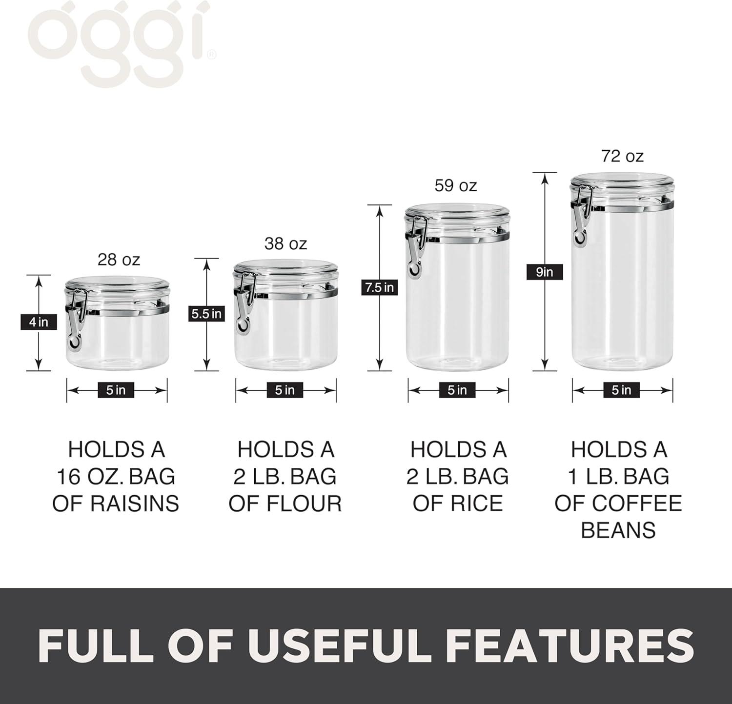 imageOggi 4pc Clear Canister Set with Clamp Lids ampamp Spoons  Airtight Food Storage Containers Ideal for Kitchen ampamp Pantry Storage of Bulk Dry Food Including Flour Sugar Coffee Rice Tea Spices ampamp Herbs4Piece Value Set