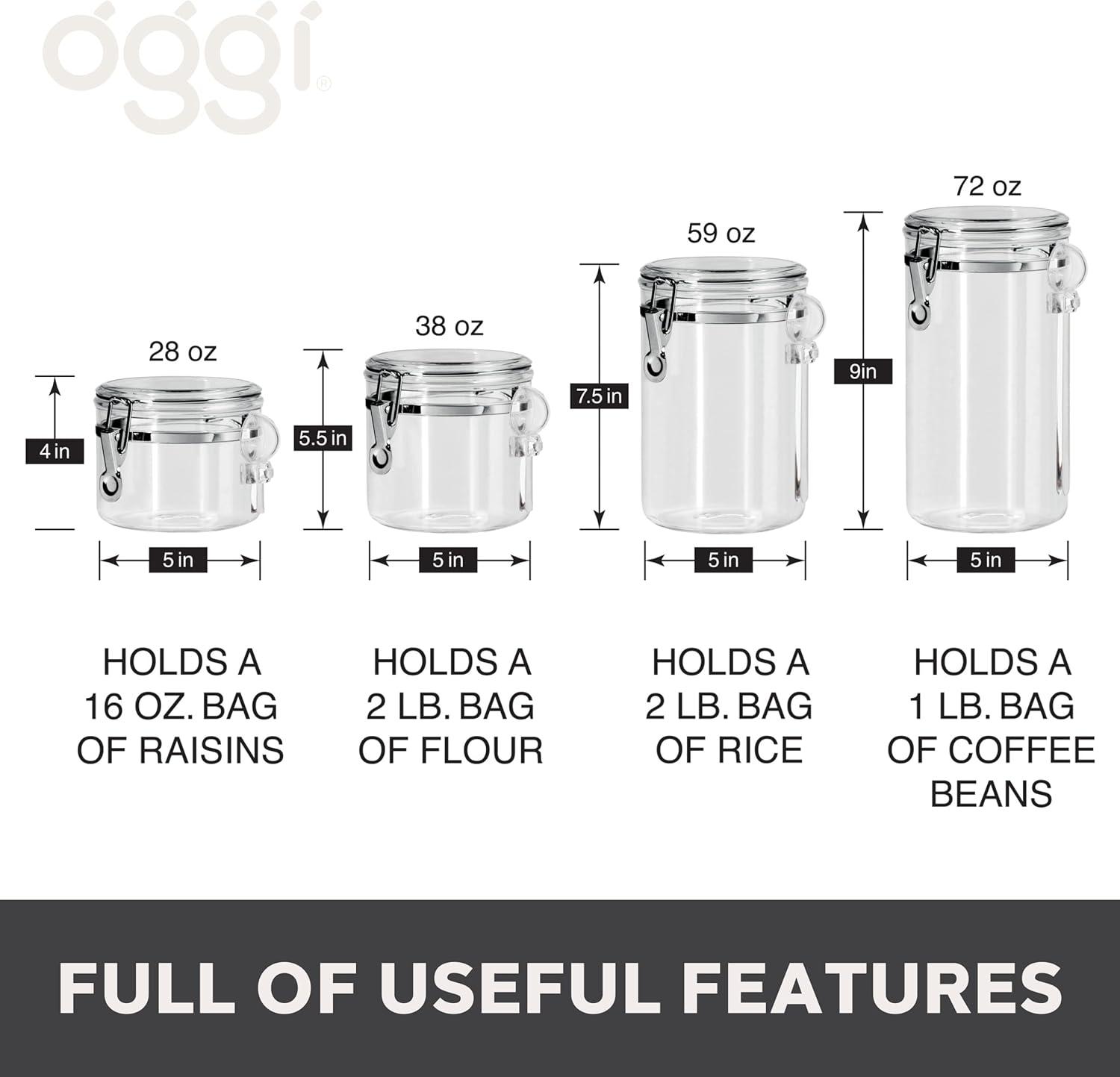 imageOggi 4pc Clear Canister Set with Clamp Lids ampamp Spoons  Airtight Food Storage Containers Ideal for Kitchen ampamp Pantry Storage of Bulk Dry Food Including Flour Sugar Coffee Rice Tea Spices ampamp Herbs4Piece Set