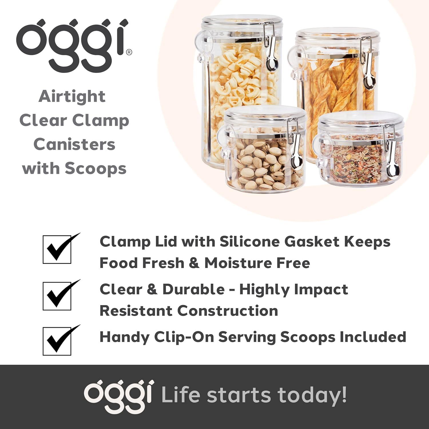 imageOggi 4pc Clear Canister Set with Clamp Lids ampamp Spoons  Airtight Food Storage Containers Ideal for Kitchen ampamp Pantry Storage of Bulk Dry Food Including Flour Sugar Coffee Rice Tea Spices ampamp Herbs4Piece Set