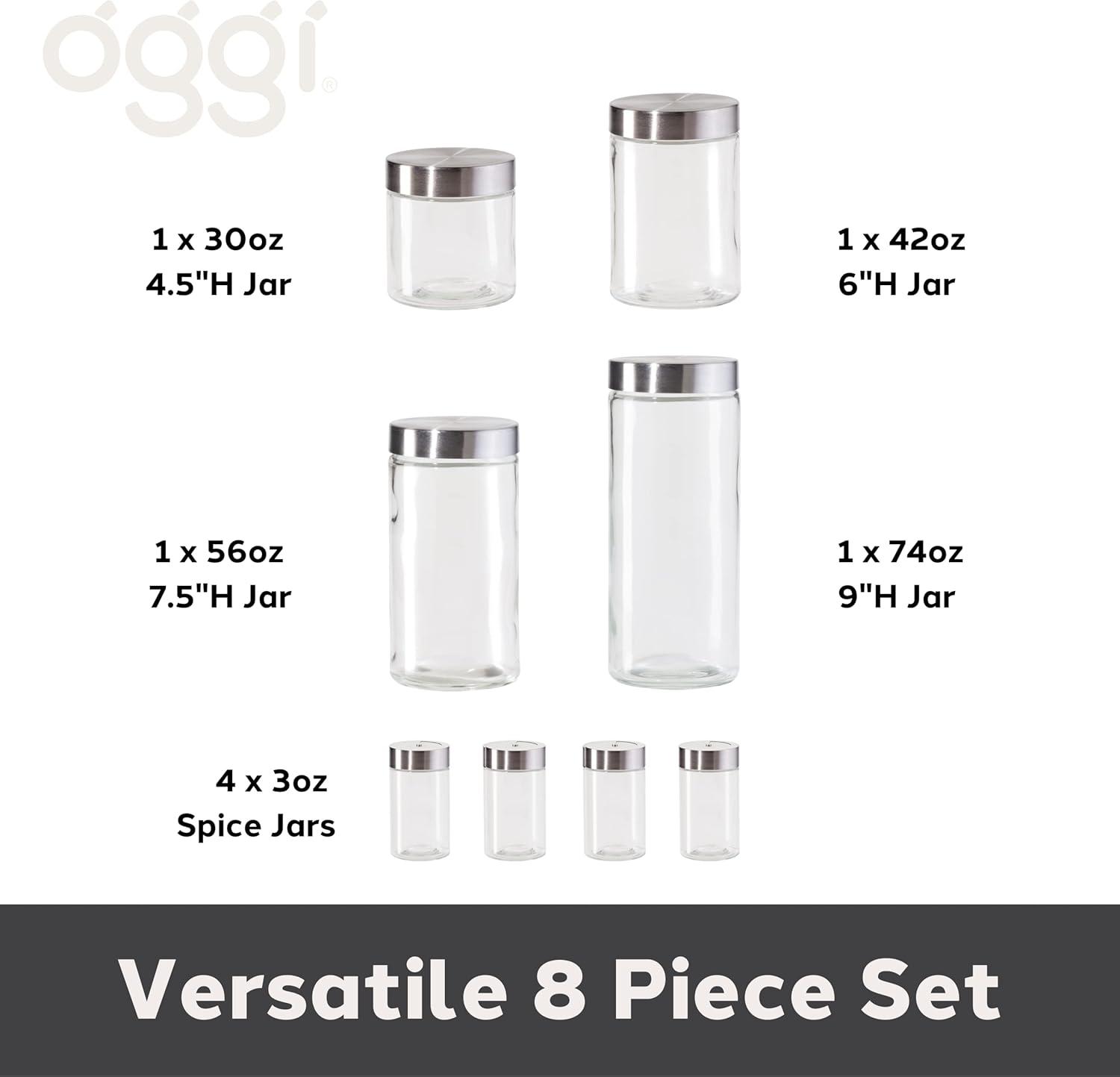 imageOggi 8 Piece Airtight Glass Storage Containers and Spice Jar Set  with 4 Glass Kitchen Canisters ampamp 4 Glass Spice Jars with Stainless Steel Lids  Sleek Kitchen Storage Pantry Storage Food Storag8Piece