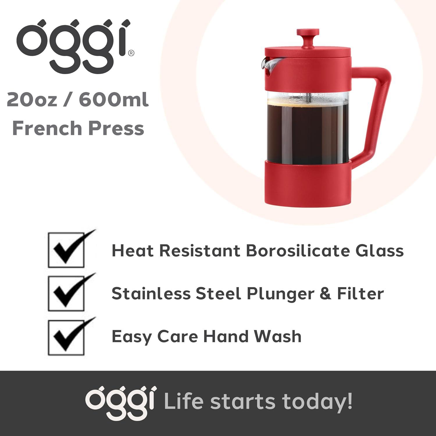 imageOggi Borosilicate Glass French Press Coffee Maker 20oz 5 Cup Capacity Coffee Press Single Serve Coffee Maker Stainless Steel Lid ampamp Plunger Make Great Coffee Gifts RedRed