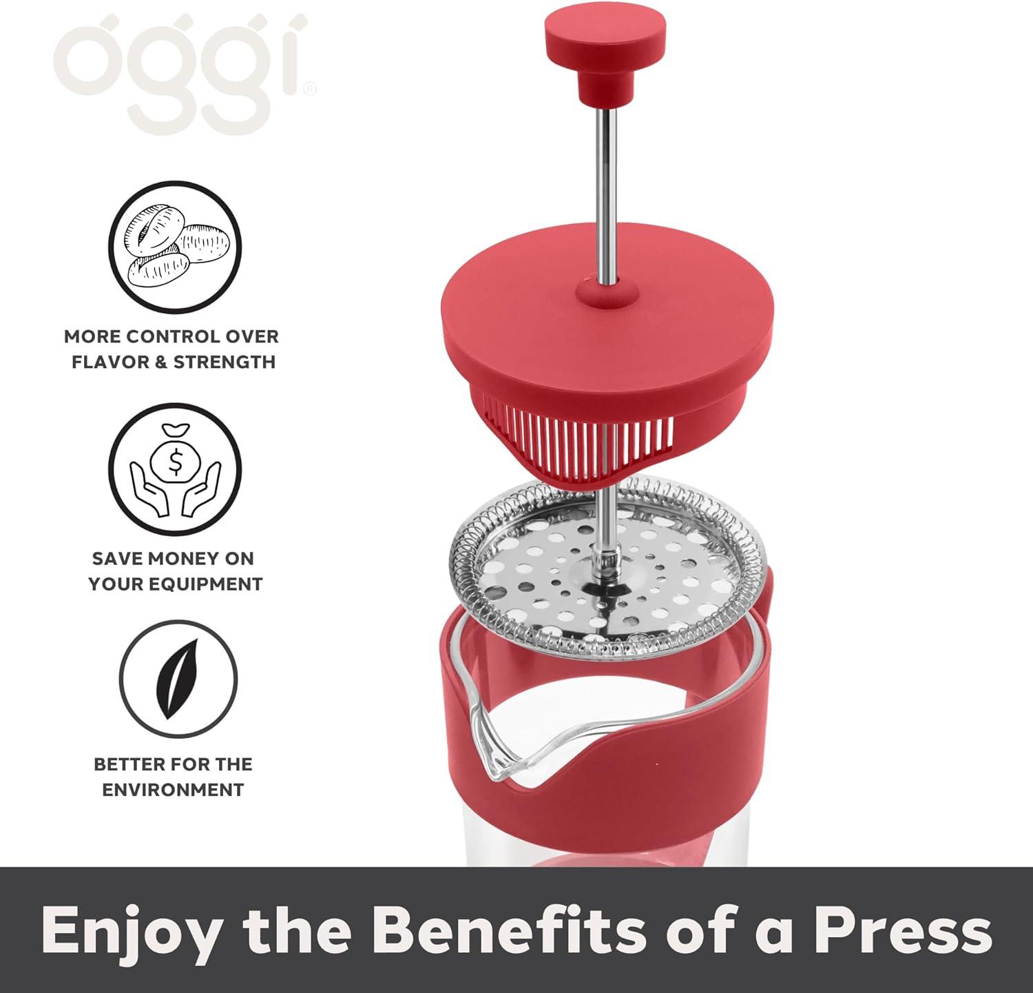 imageOggi Borosilicate Glass French Press Coffee Maker 20oz 5 Cup Capacity Coffee Press Single Serve Coffee Maker Stainless Steel Lid ampamp Plunger Make Great Coffee Gifts RedRed