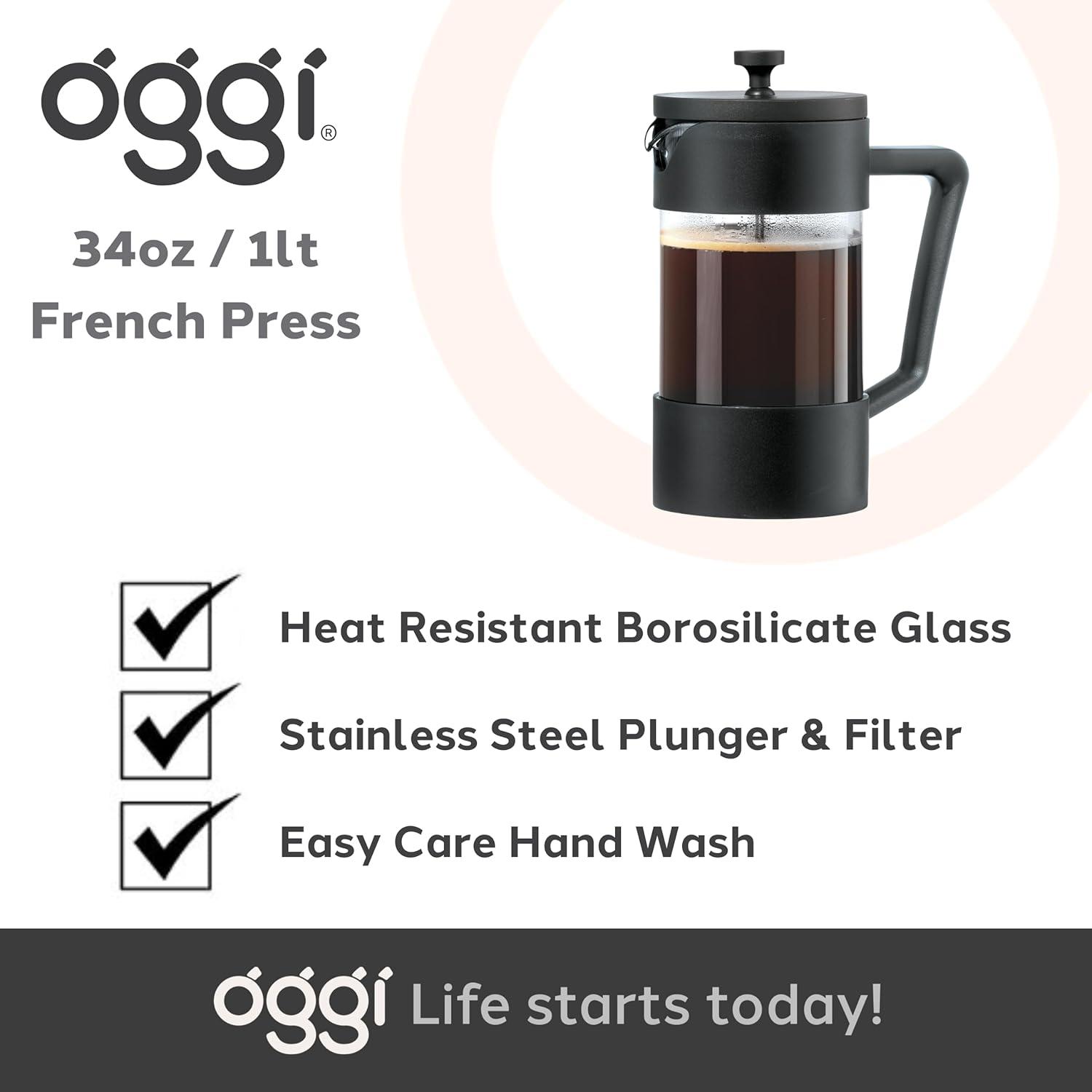 imageOggi Borosilicate Glass French Press Coffee Maker 20oz 5 Cup Capacity Coffee Press Single Serve Coffee Maker Stainless Steel Lid ampamp Plunger Make Great Coffee Gifts RedBlack