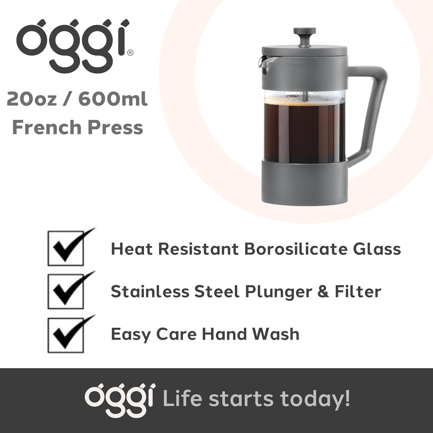 imageOggi Borosilicate Glass French Press Coffee Maker 20oz 5 Cup Capacity Coffee Press Single Serve Coffee Maker Stainless Steel Lid ampamp Plunger Make Great Coffee Gifts RedGray